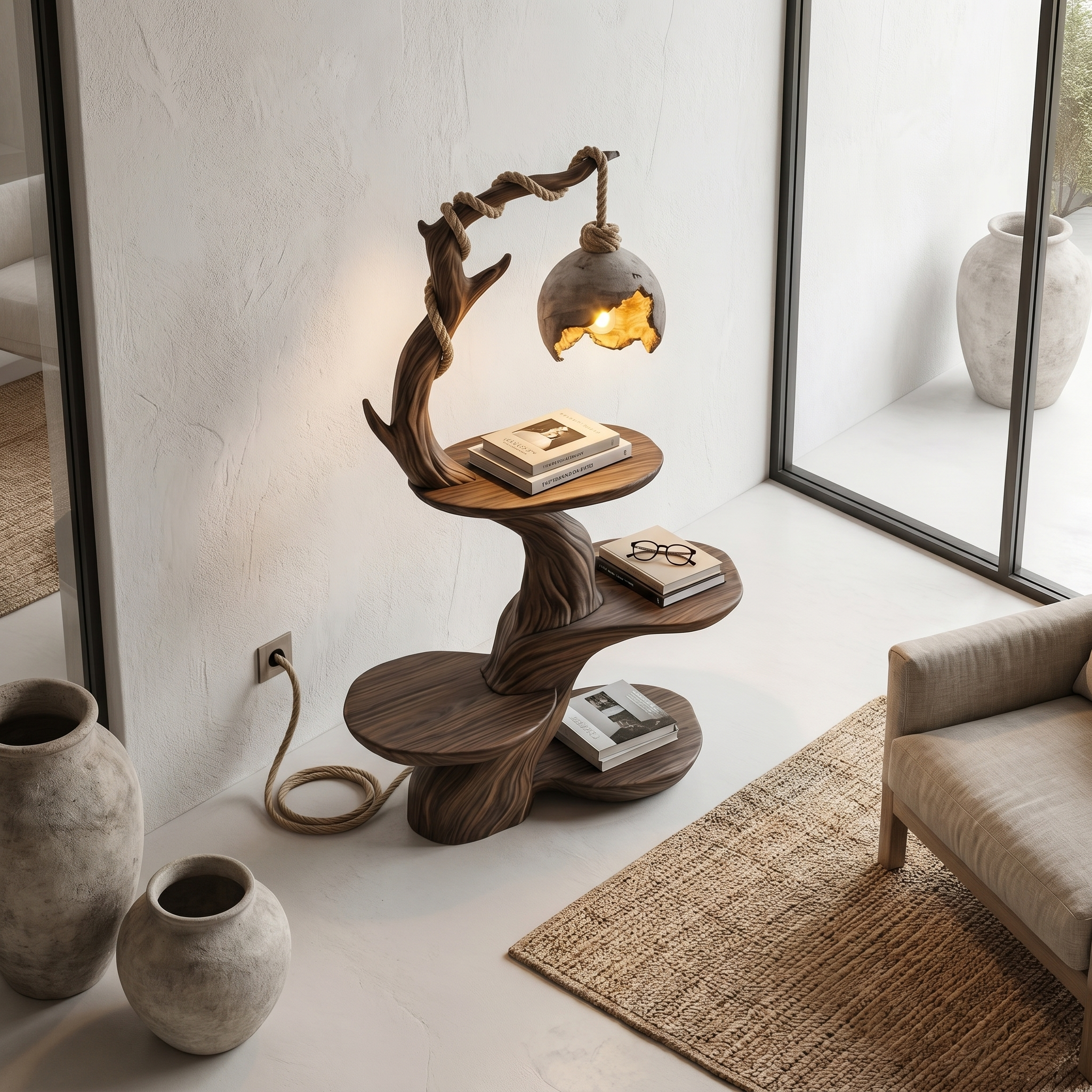 Nature Inspired Beside Table With Sculptural Tree Form And Ambient Lamp For Bedroom SINLHABT266