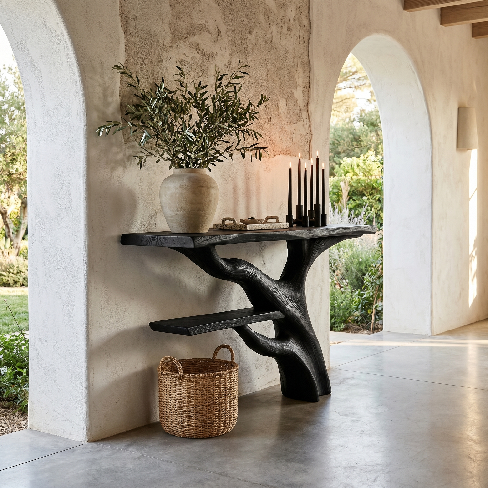 Sculptural Console Table With Abstract Branch Inspired Base And Solid Wood Top For Entryway SINLHACS588