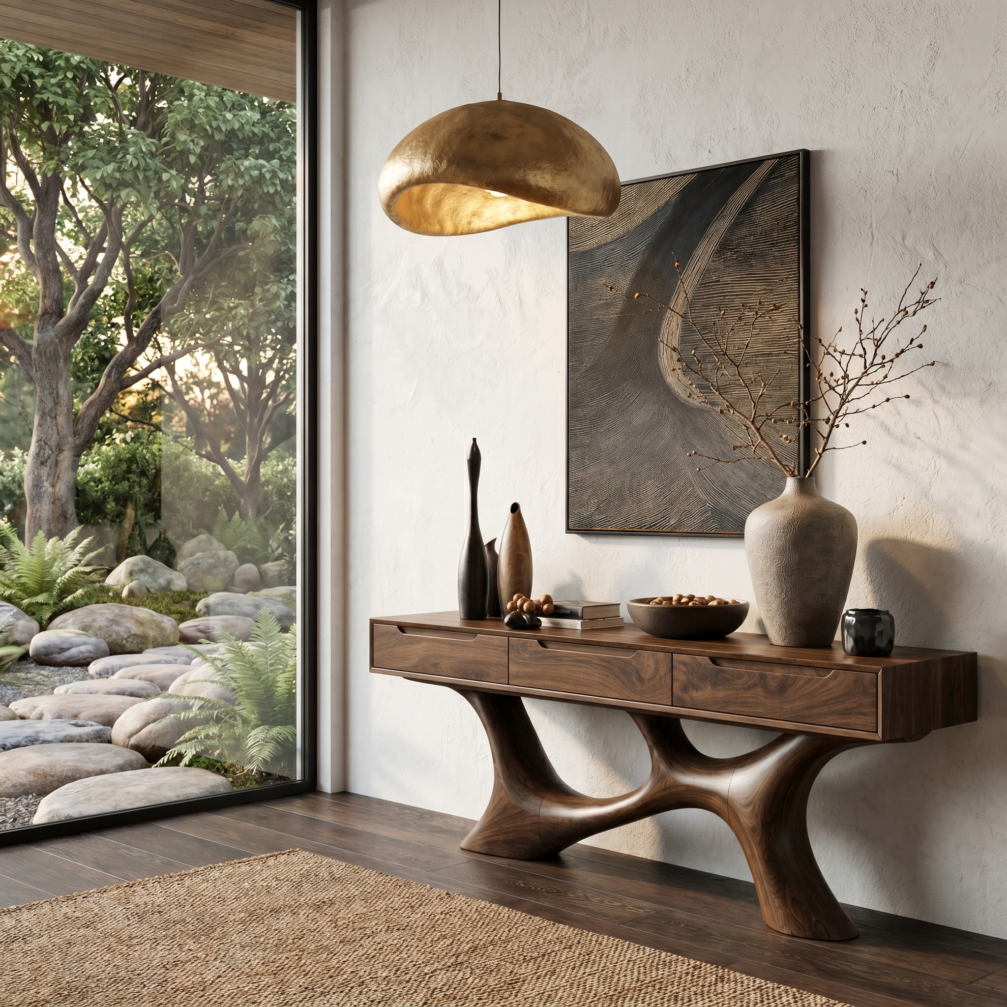 Modern Console Table With Built In Storage Cabinet And Sculptural Curved Wood Base For Entryway And Living Room SINLHACS591