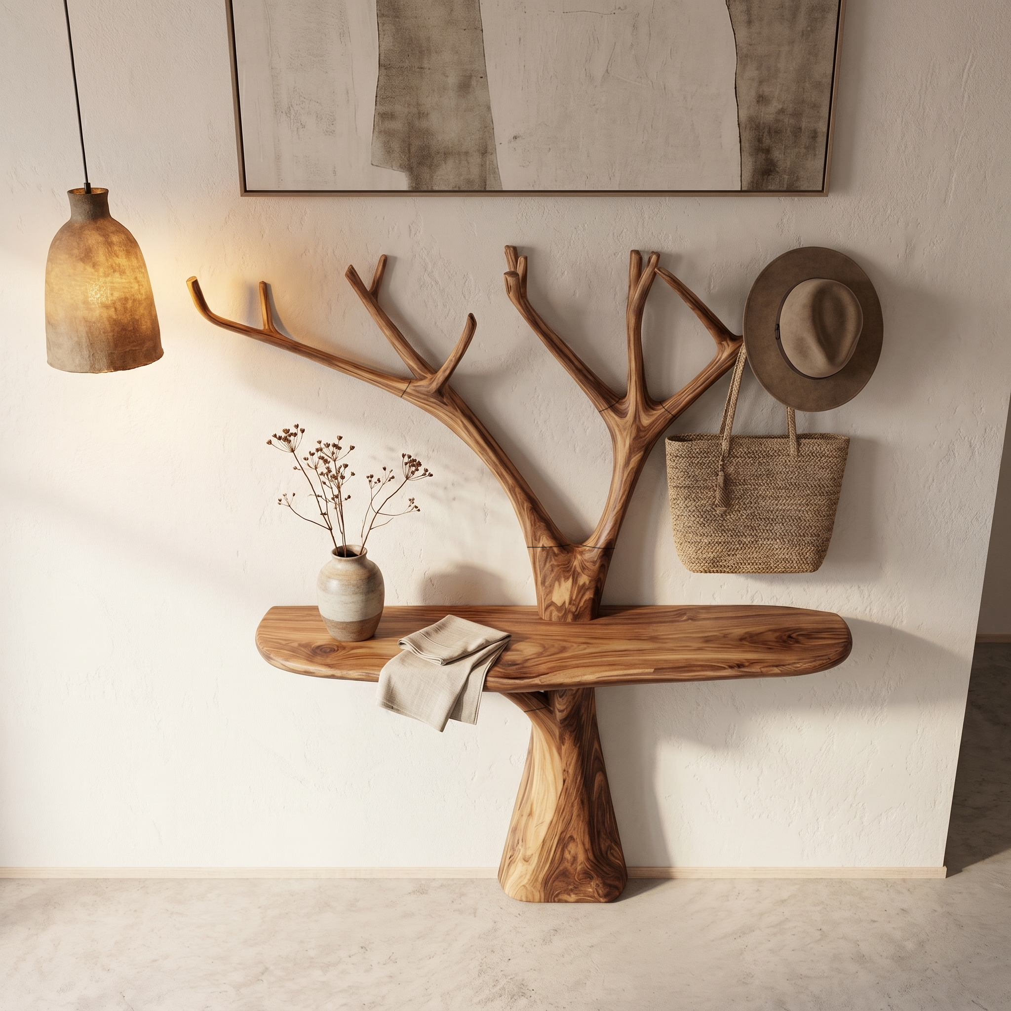 Rustic Organic Console Table With Tree Branch Wood Base For Living Room SINLHACS602