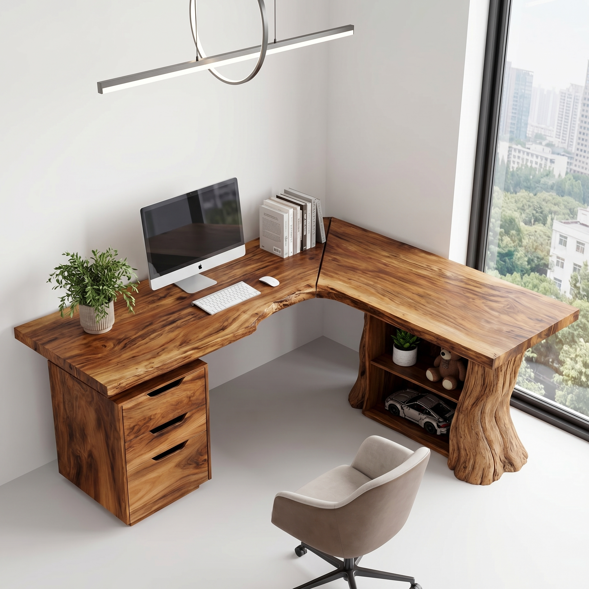 Organic Tree Branch Corner Desk Integrated Wall Shelf Design Home Office And Study Room SINLHADK105