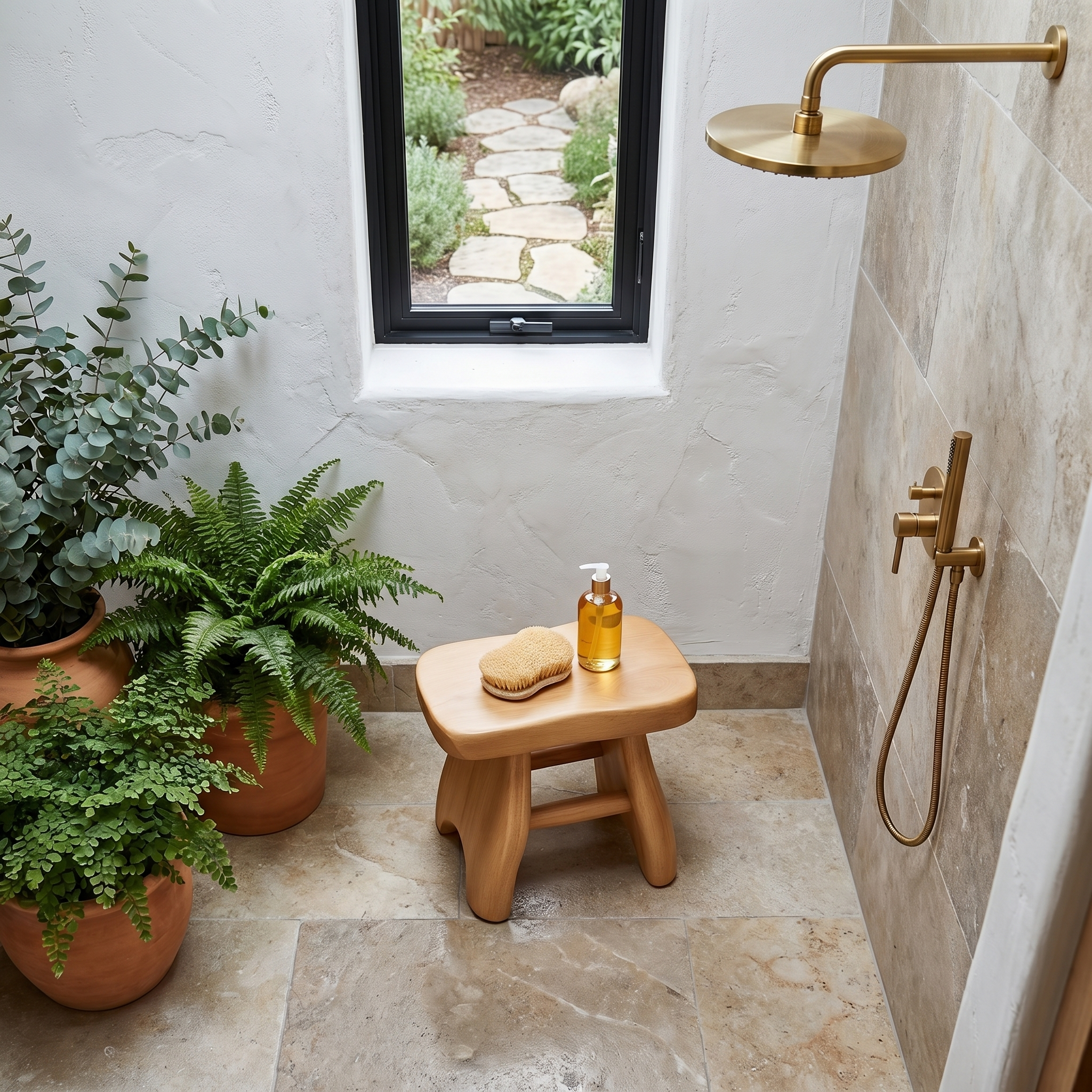 Rustic Shower Bench With Solid Wood Construction For Bathroom And Spa SINLHAWS012