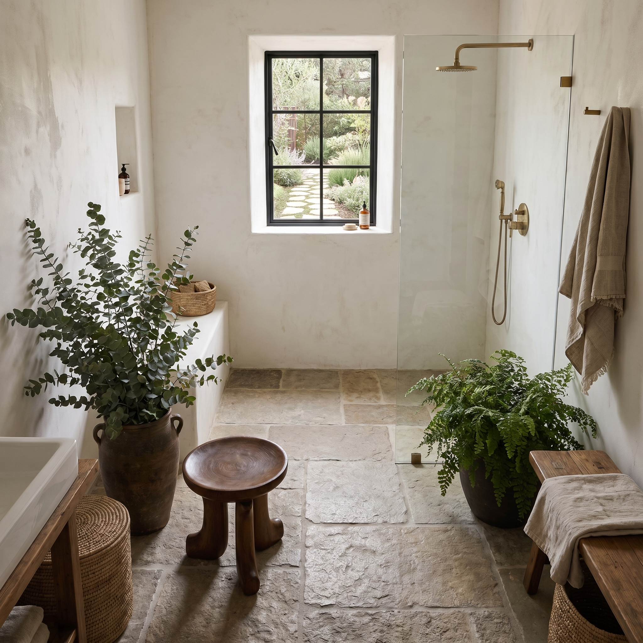 Rustic Bath Stool With Chunky Solid Wood Legs For Bathroom SINLHAWS013