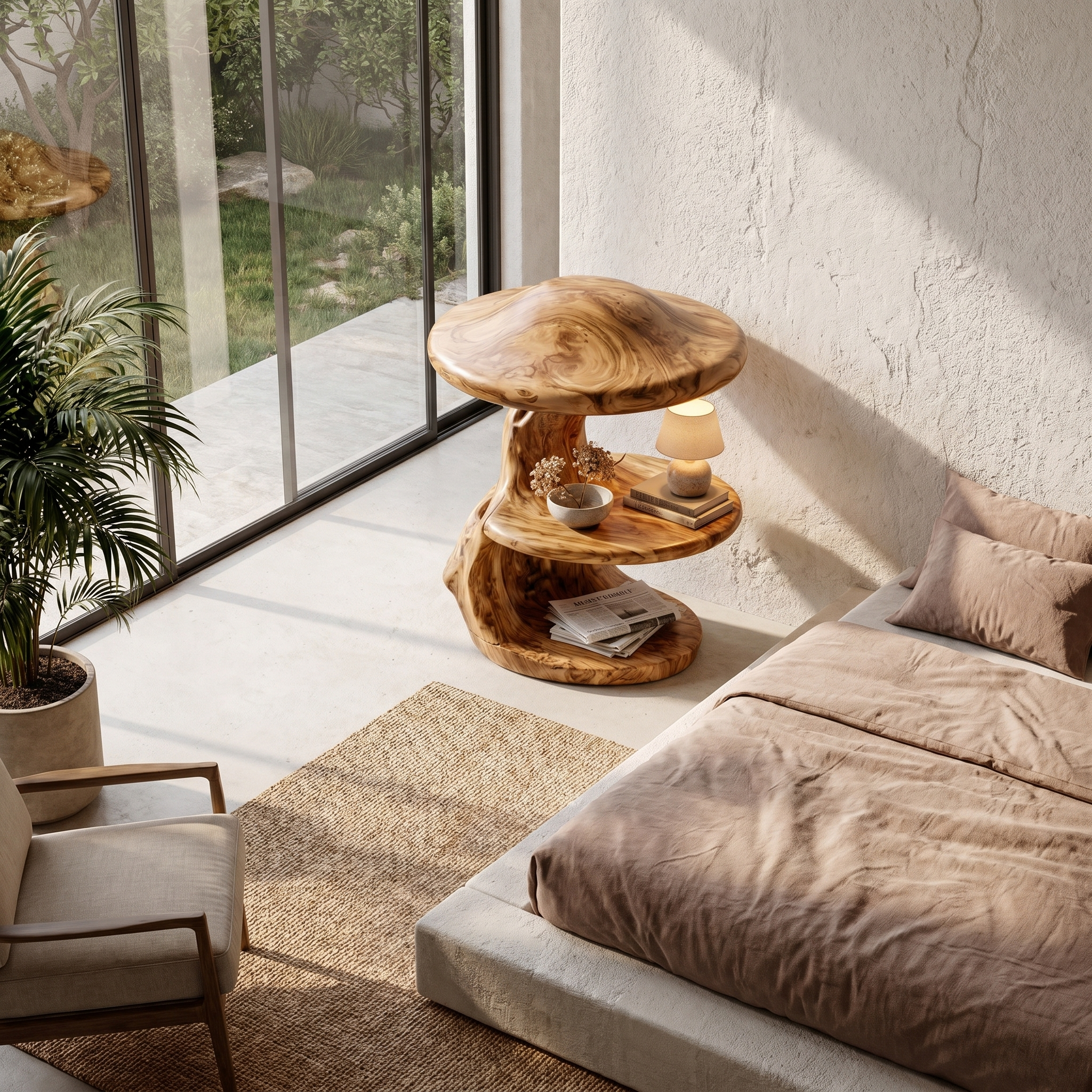 Rustic Mushroom Nightstand With Sculptural Tree Root Base And Built In Drawer For Bedroom SINLHABT260
