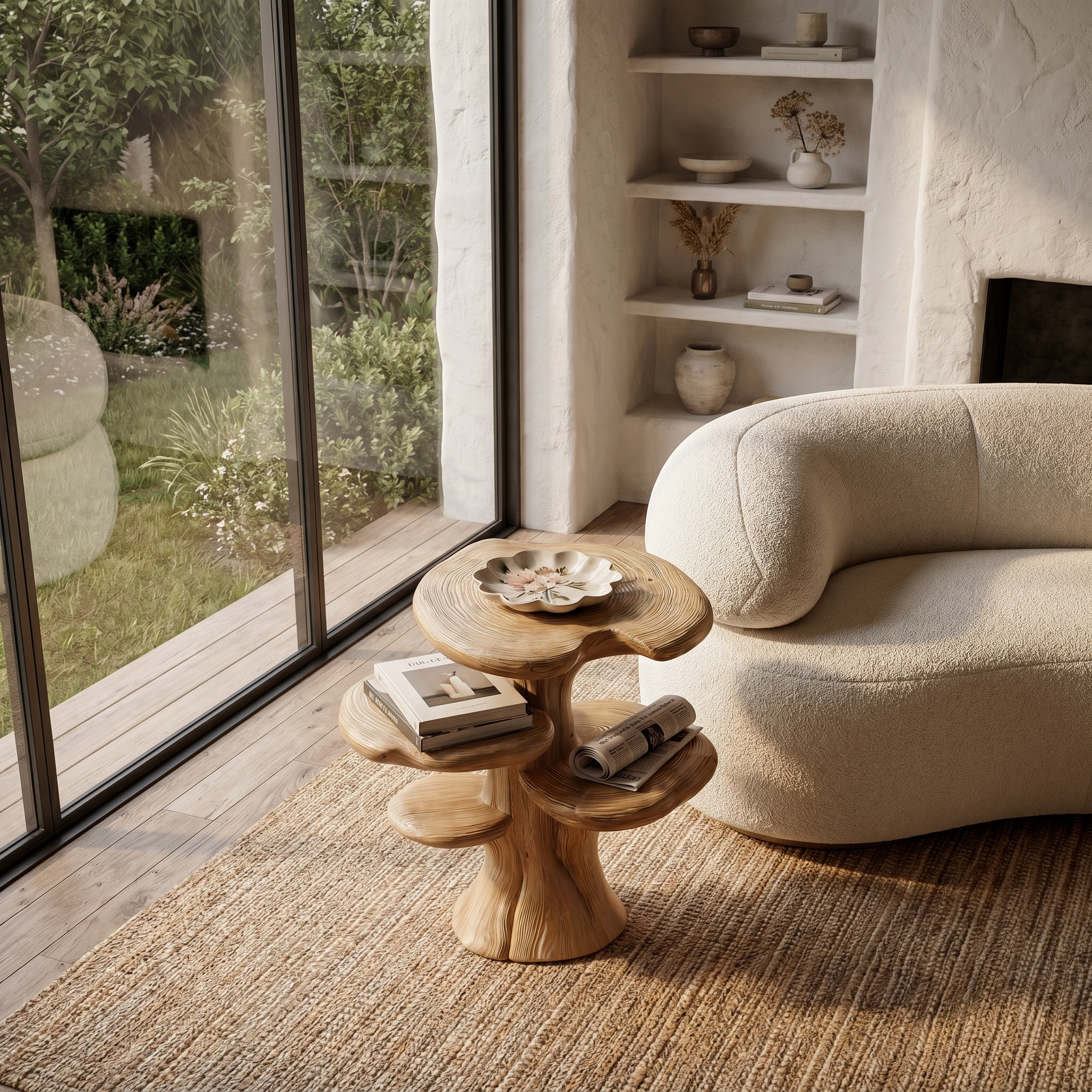 Organic Sculptural Beside Table With Tiered Solid Wood Shelves For Living Room SINLHABT262