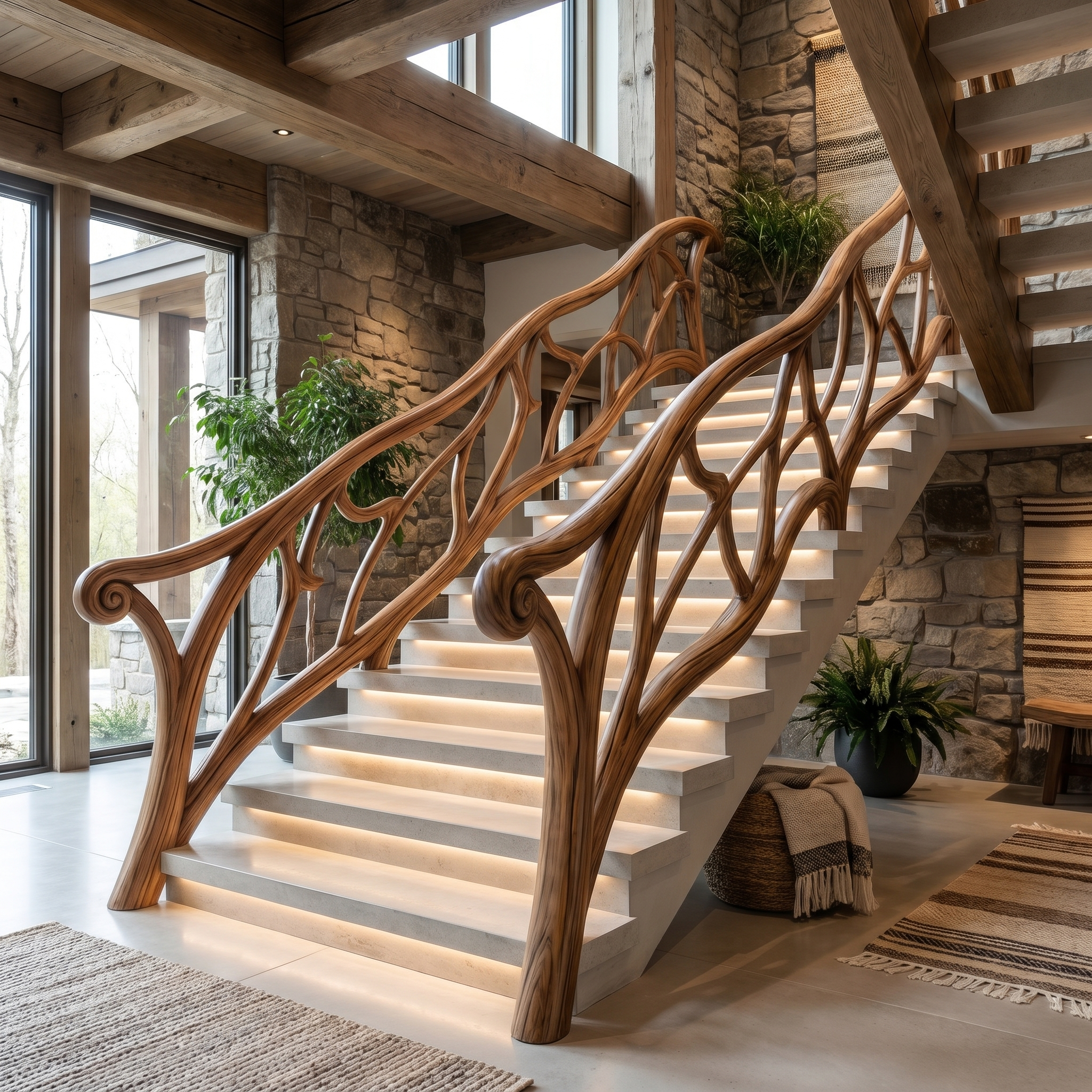Artistic Tree Branch Stair Railing With Sculptural Wood Design For Interior Staircase SINLHAST014