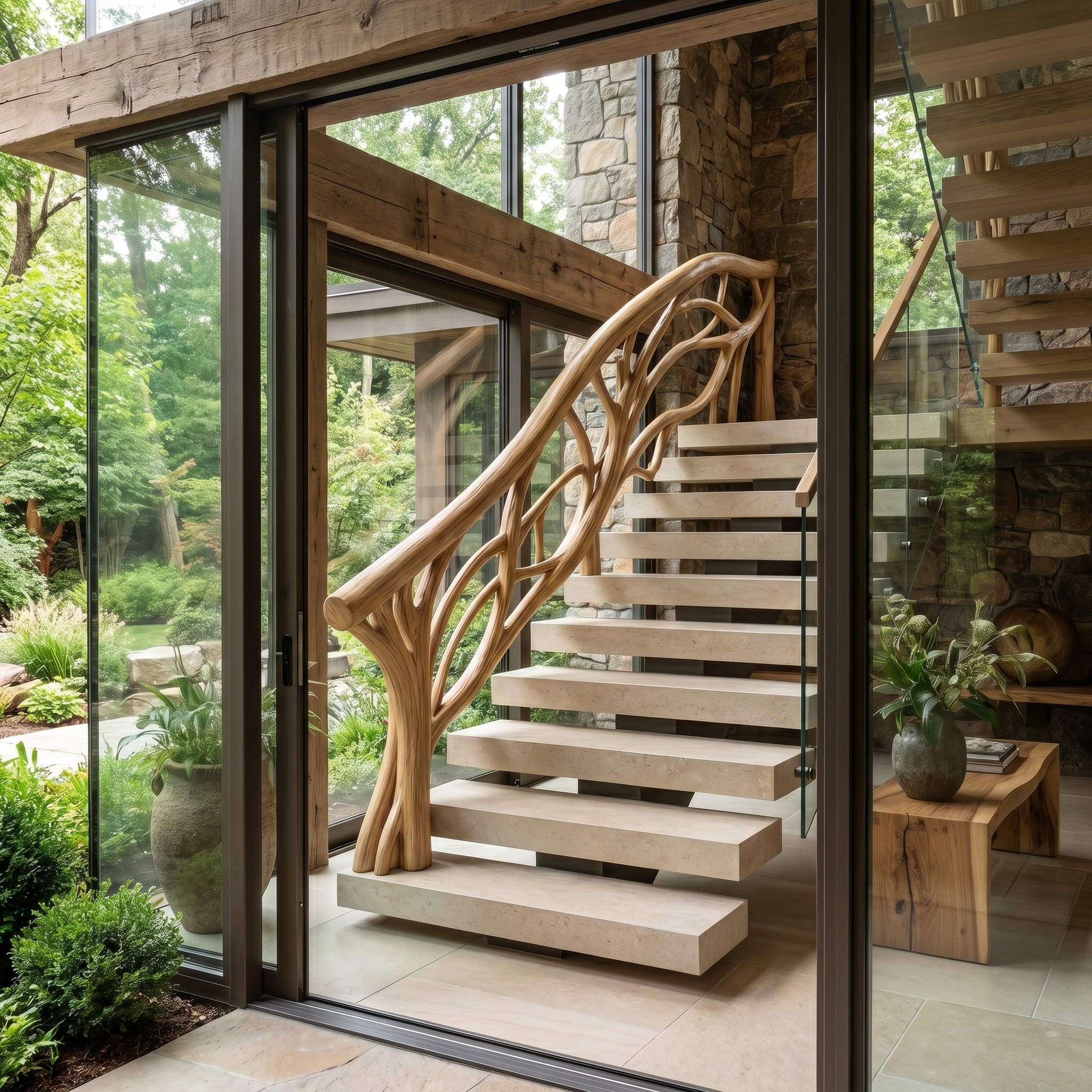 Organic Tree Branch Stair Railing With Natural Wood Design For Interior Staircase SINLHAST015