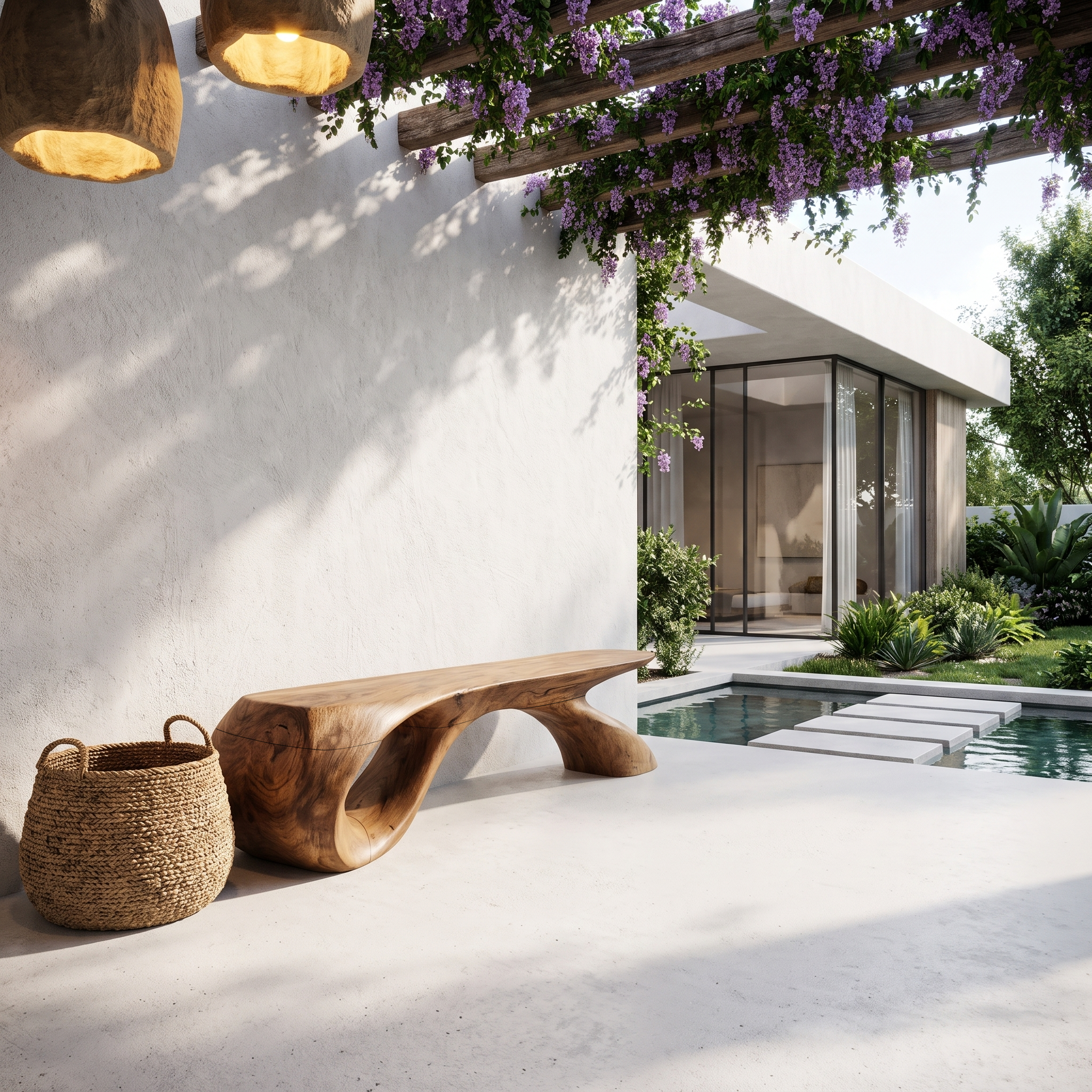 Organic Wood Bench With Sculptural Tree Branch Design For Garden And Patio SINLHABEN135
