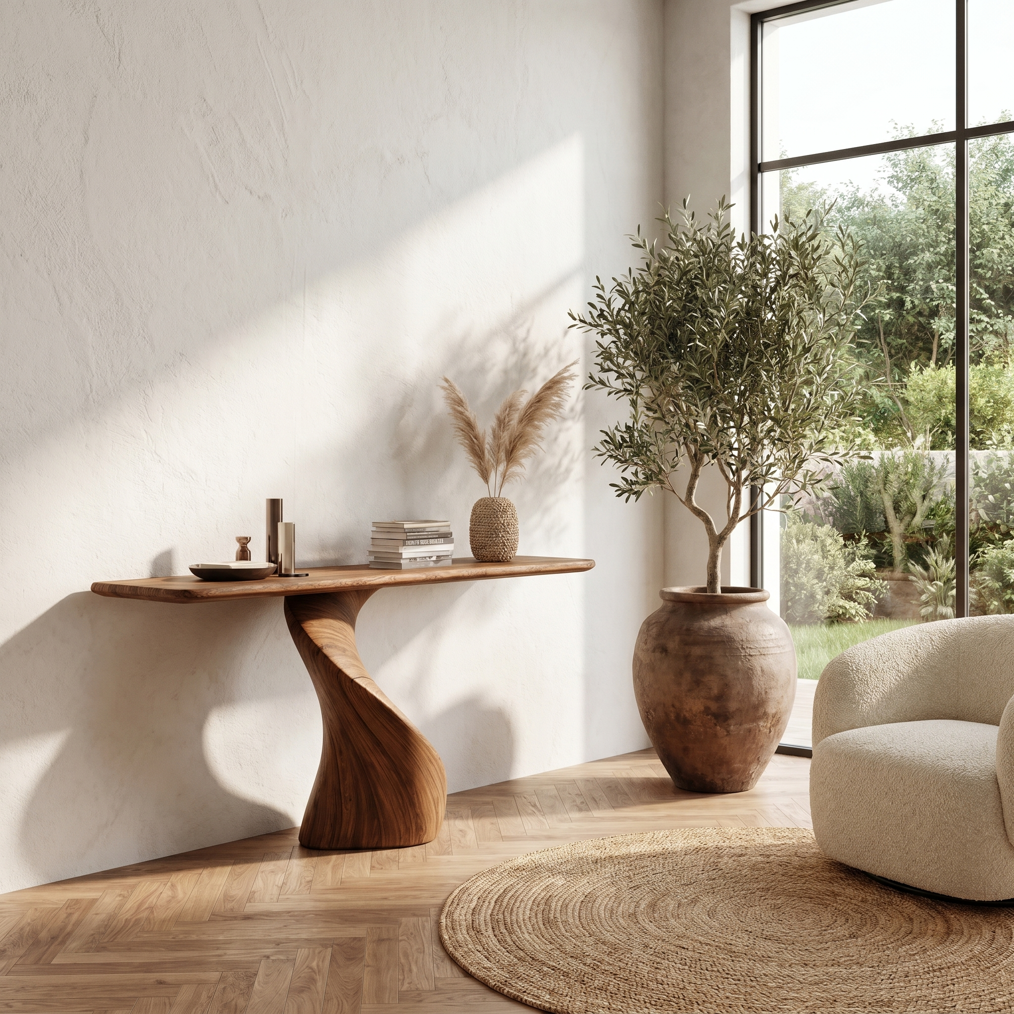 Modern Organic Console Table With Sculptural Twisted Solid Wood Base For Entryway And Living Room SINLHACS605