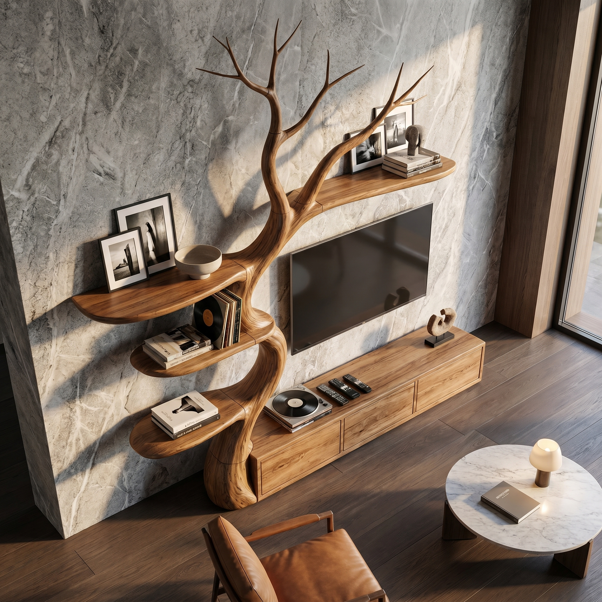 Rustic Tree Branch TV Cabinet With Integrated Display Shelves For Living Room SINLHATC039