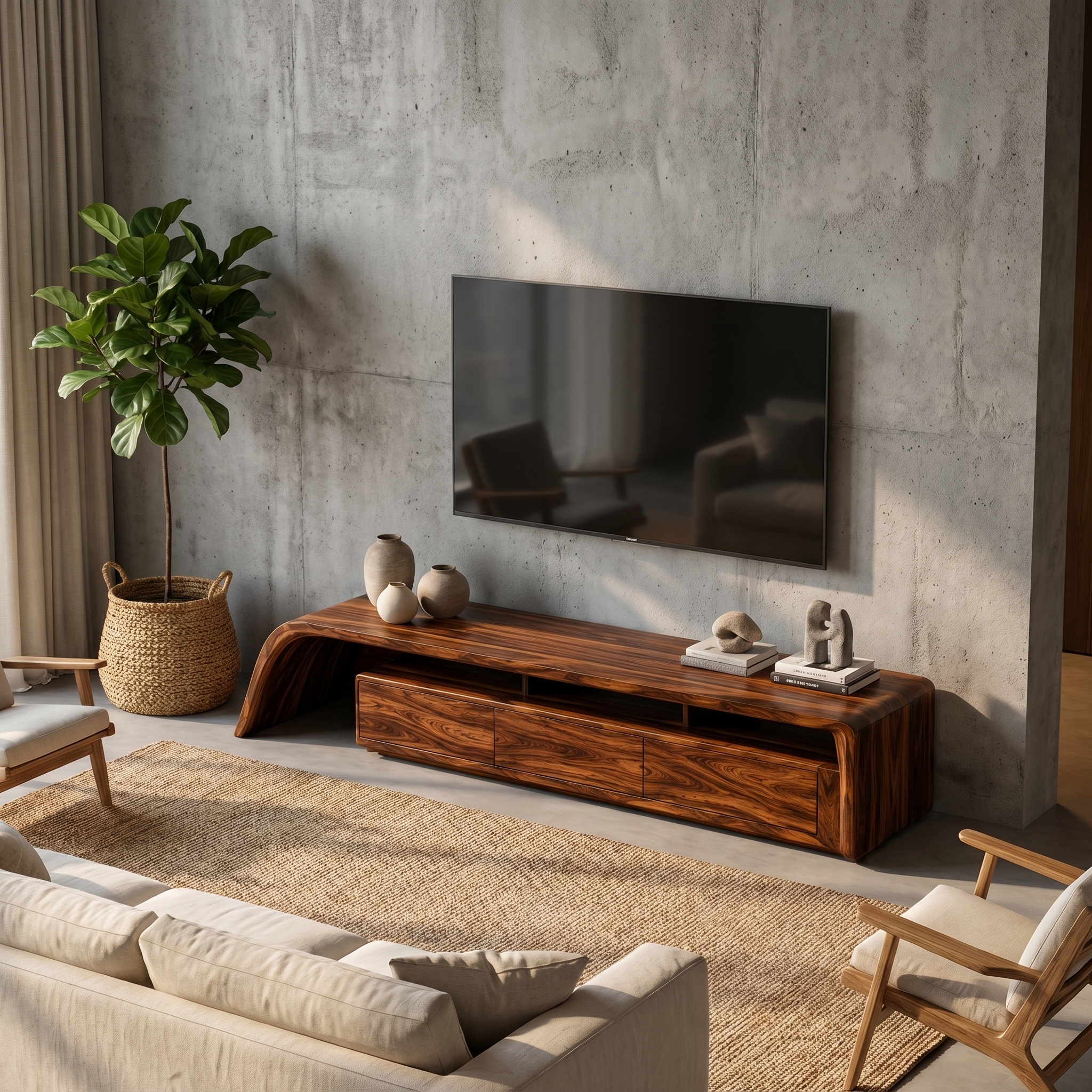 Modern TV Cabinet With Built In Storage And Rounded Curved Edges For Living Room SINLHATC040