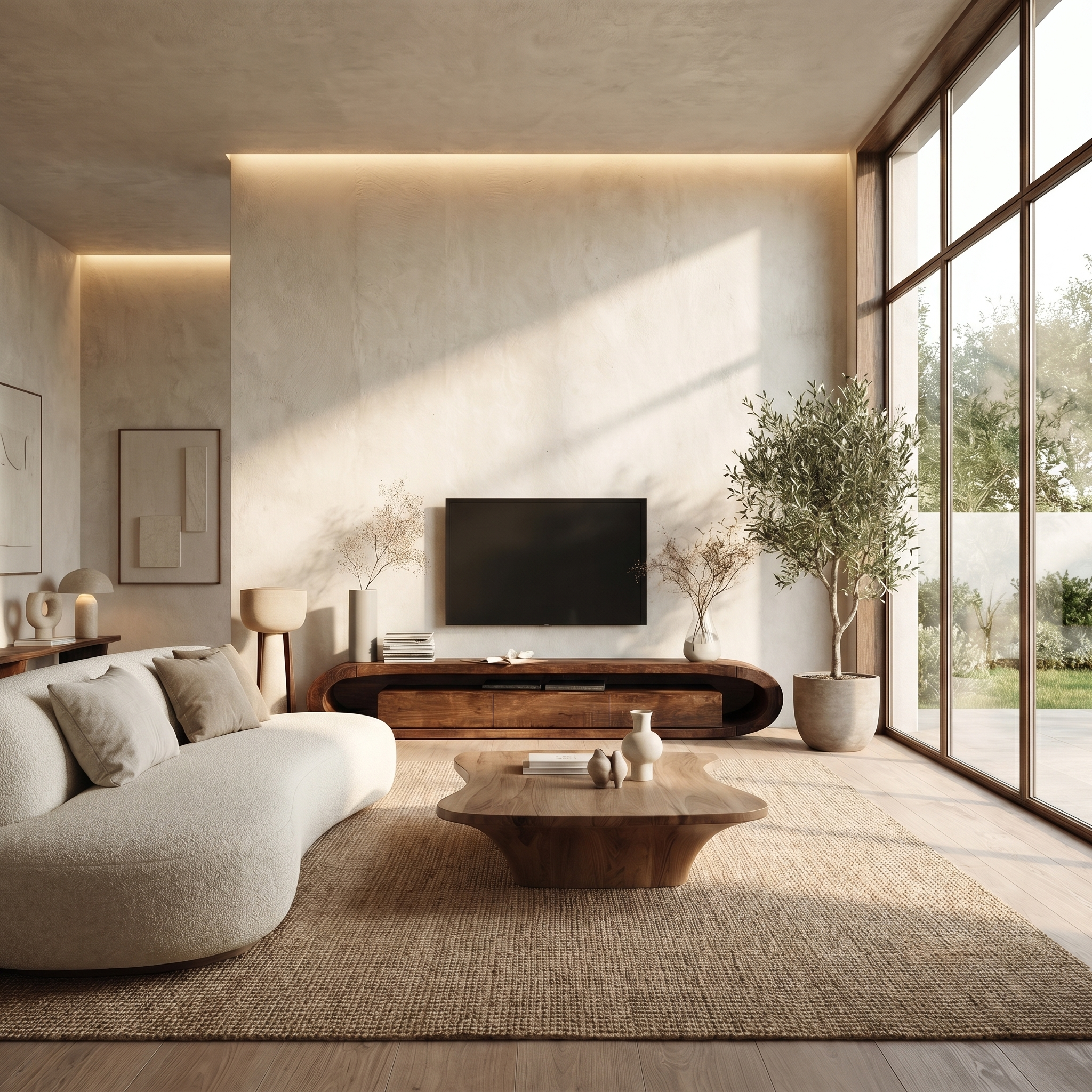 Organic TV Cabinet With Curved Solid Wood Design And Built In Drawer Storage For Living Room SINLHATC047