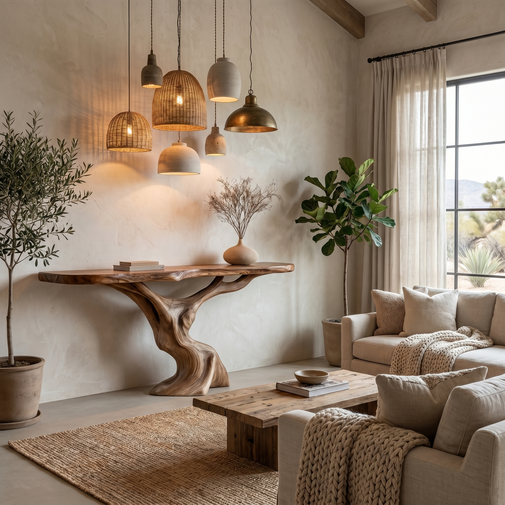 Rustic Organic Console Table With Unique Sculptural Tree Inspired Wood Base For Entryway And Living Room SINLHACS587