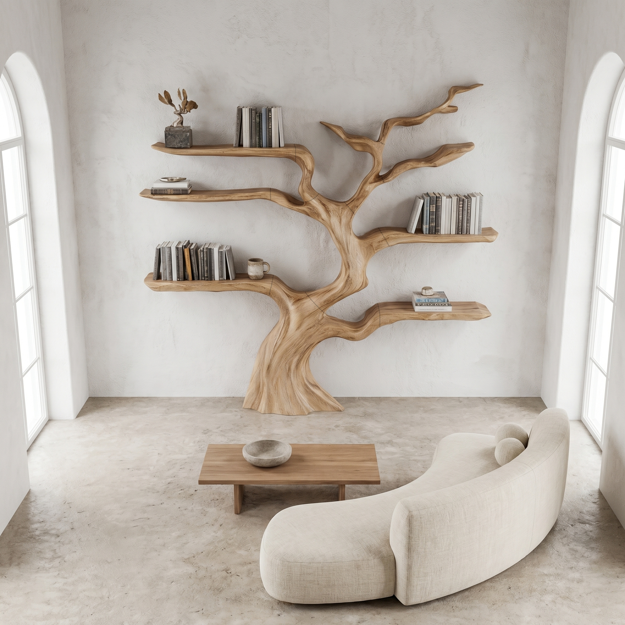 Nature Inspired Tree Bookshelf With Floating Wooden Shelves For Living Room Decor SINLHATB753