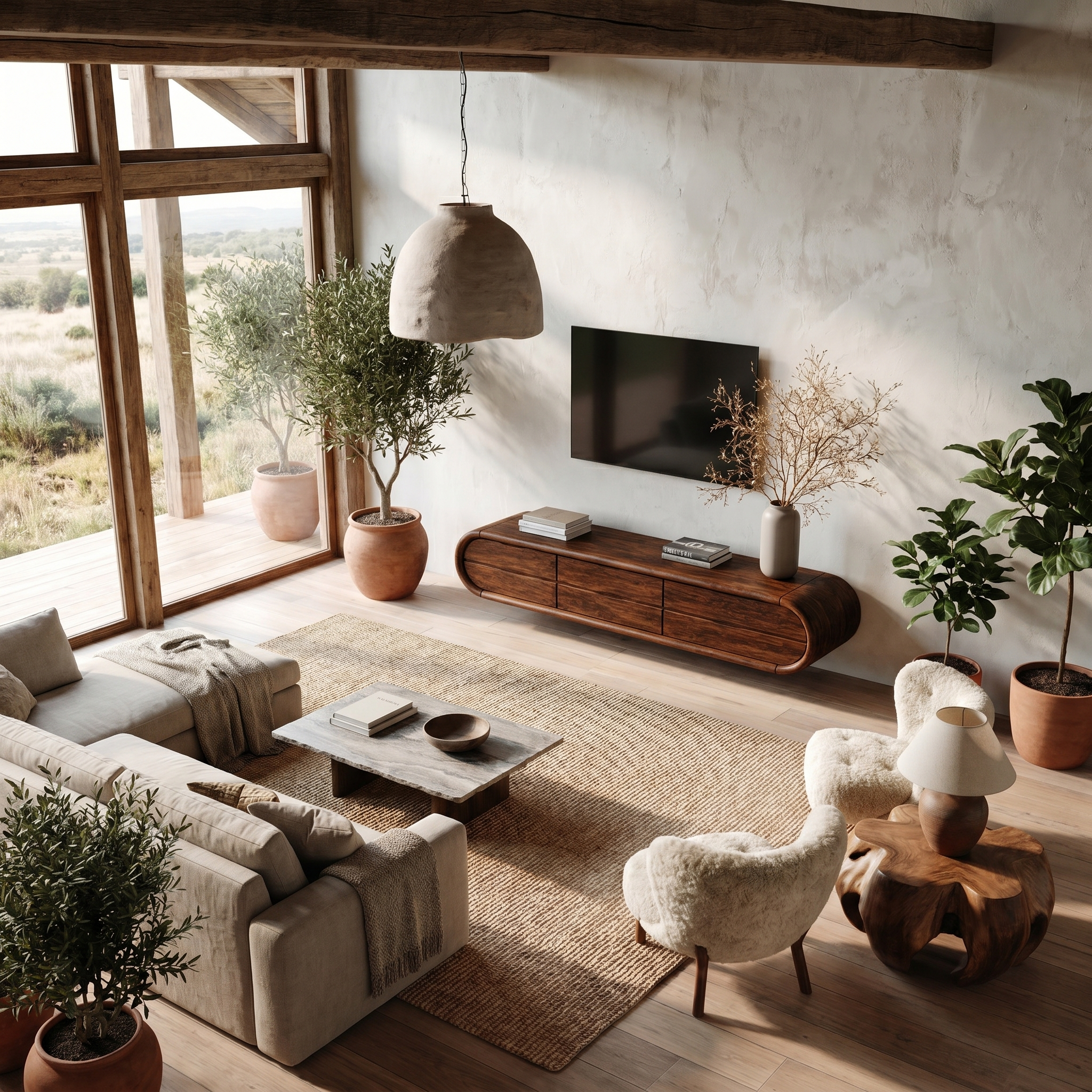 Organic Floating TV Cabinet With Sculptural Curved Wood Frame For Living Room SINLHATC052