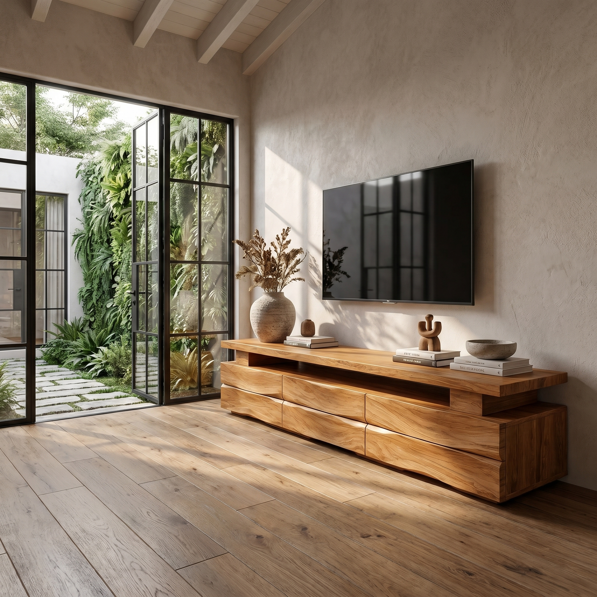 Rustic TV Cabinet With Wave Front Drawers And Open Storage Shelf For Living Room SINLHATC043