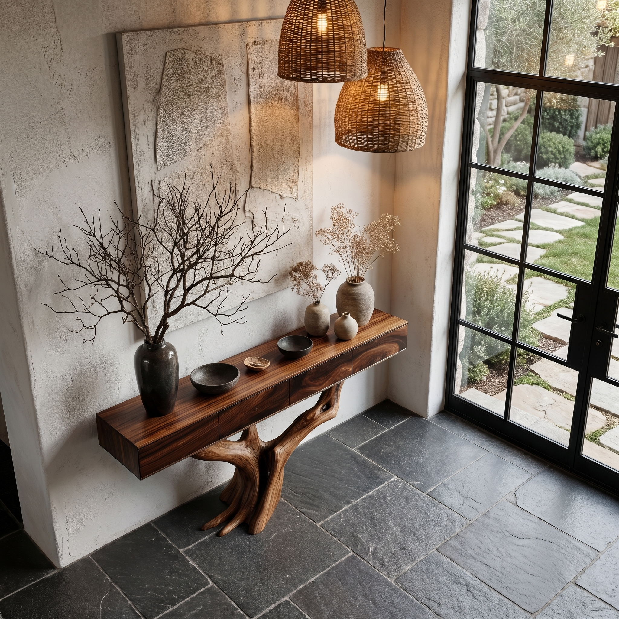 Rustic Live Edge Console Table With Sculptural Tree Branch Base For Entryway And Living Room SINLHACS616