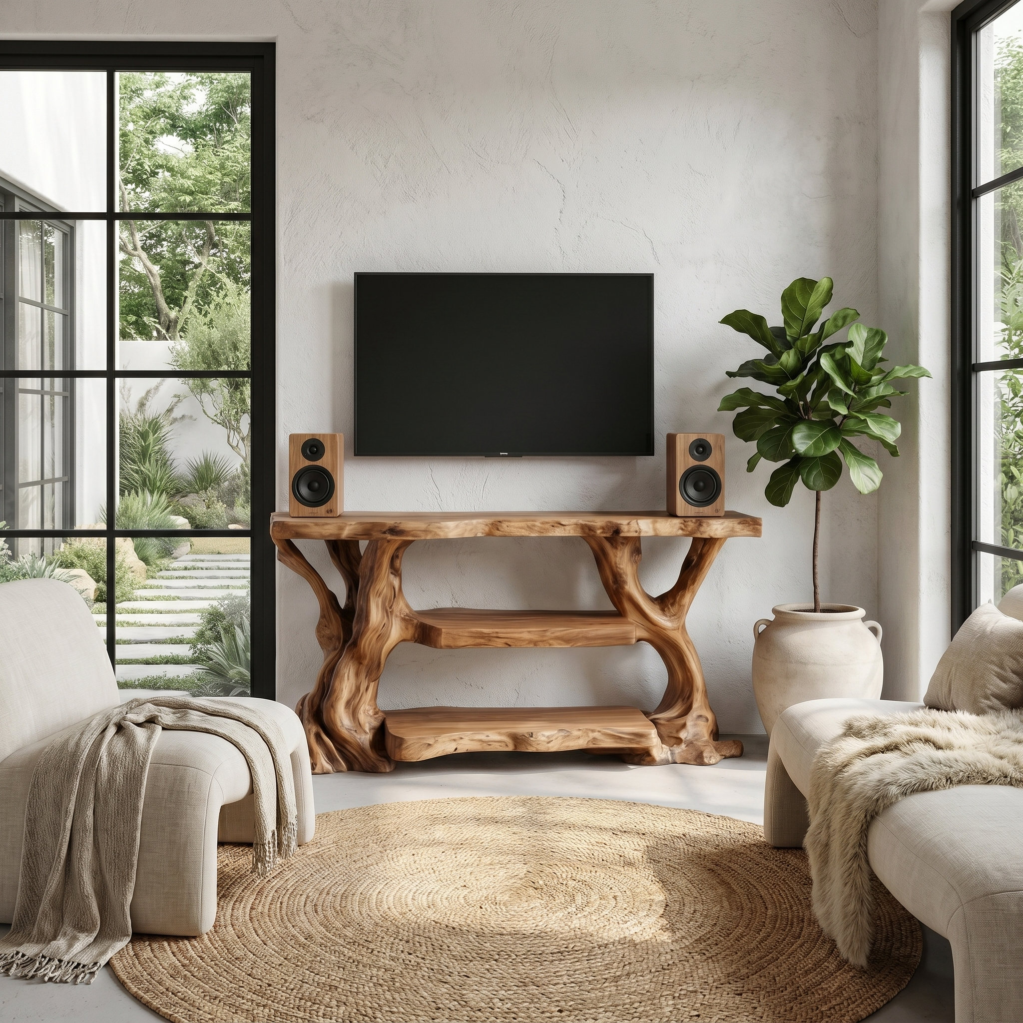 Rustic TV Stand With Natural Wood Sculptural Frame For Living Room SINLHATC066