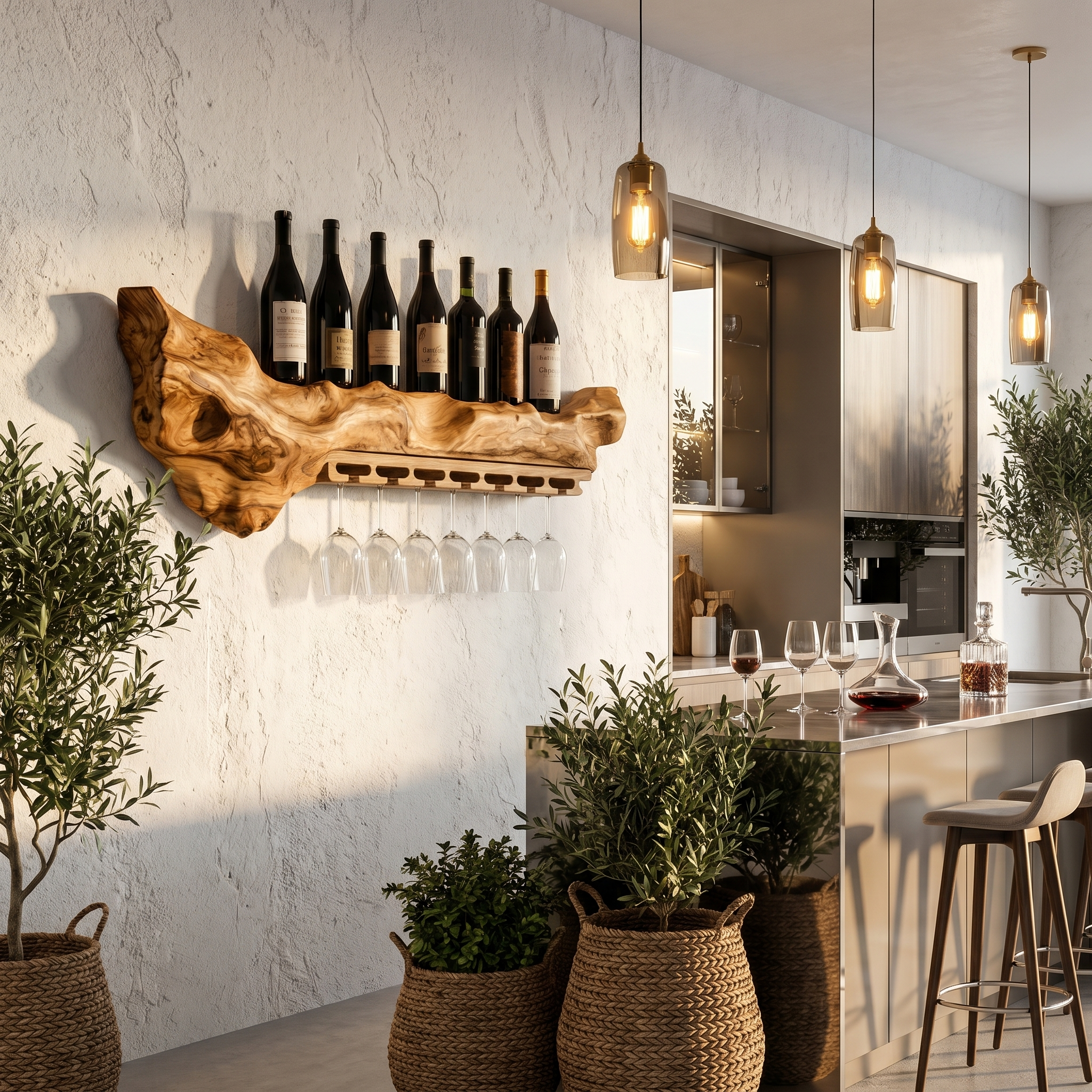 Rustic Live Edge Wall Mounted Wine Rack With Glass Holder And Bottle Storage For Kitchen And Dining Room SINLHAWR030