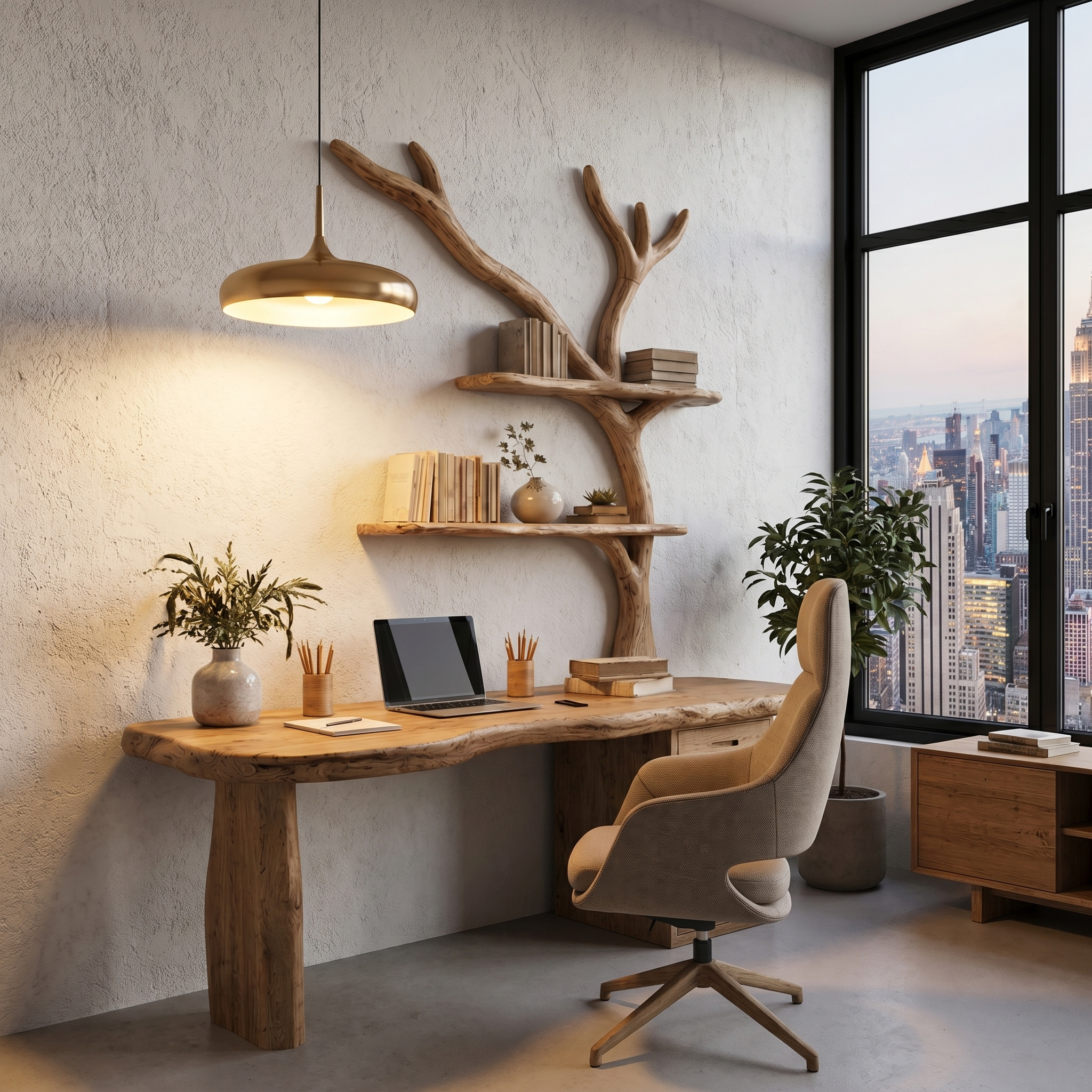 Organic Wooden Desk With Tree Branch Bookshelf And Built In Drawer Storage For Home Office And Workspace SINLHADK115