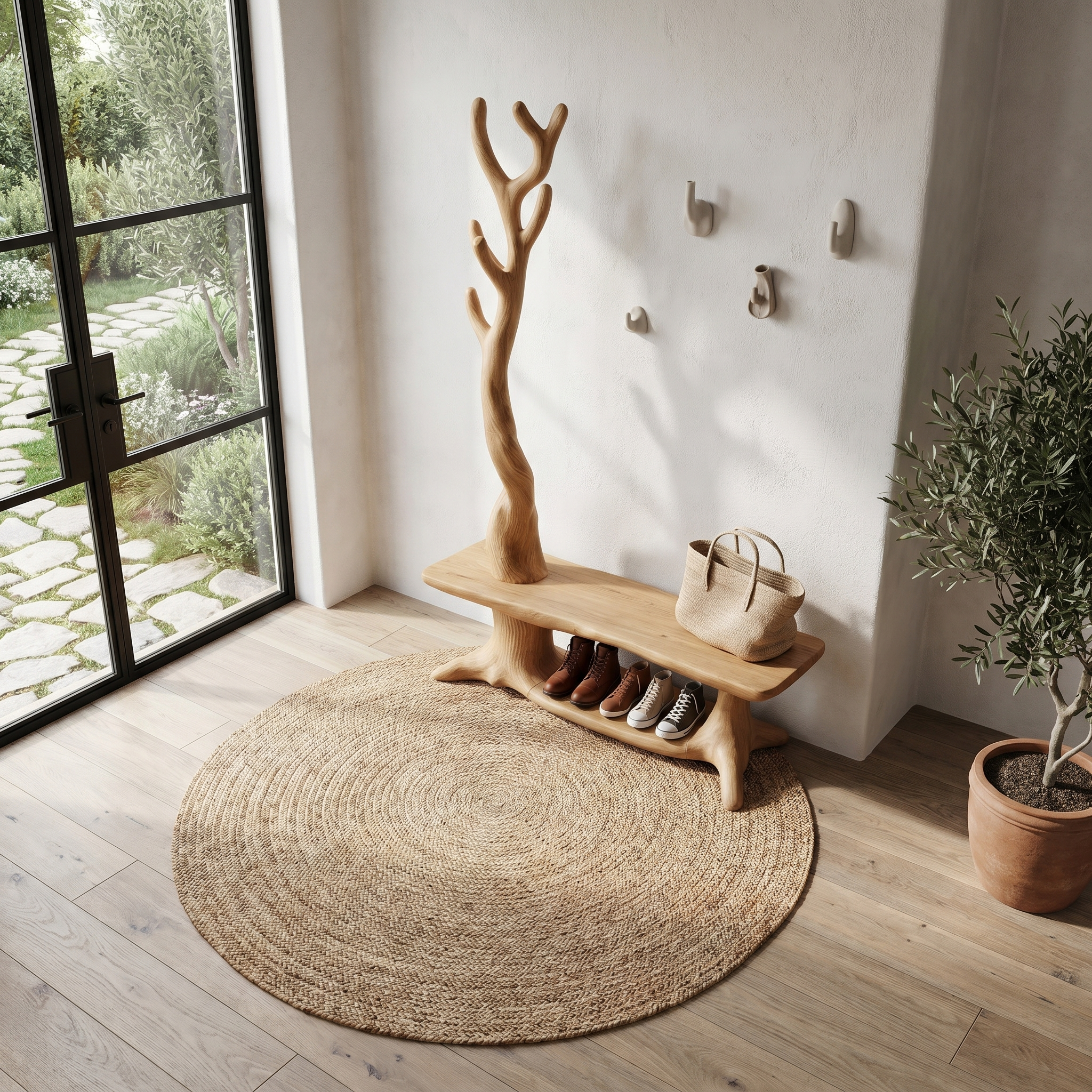 Rustic Shoe Storage Bench With Branch Coat Rack For Entryway SINLHASB091