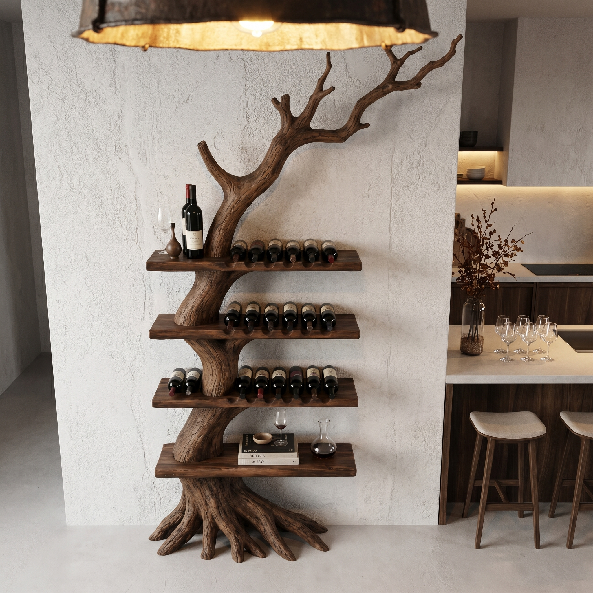 Rustic Tree Wine Rack With Solid Wood Shelves And Branch Inspired Wall Mounted Design For Dining Room SINLHAWR034