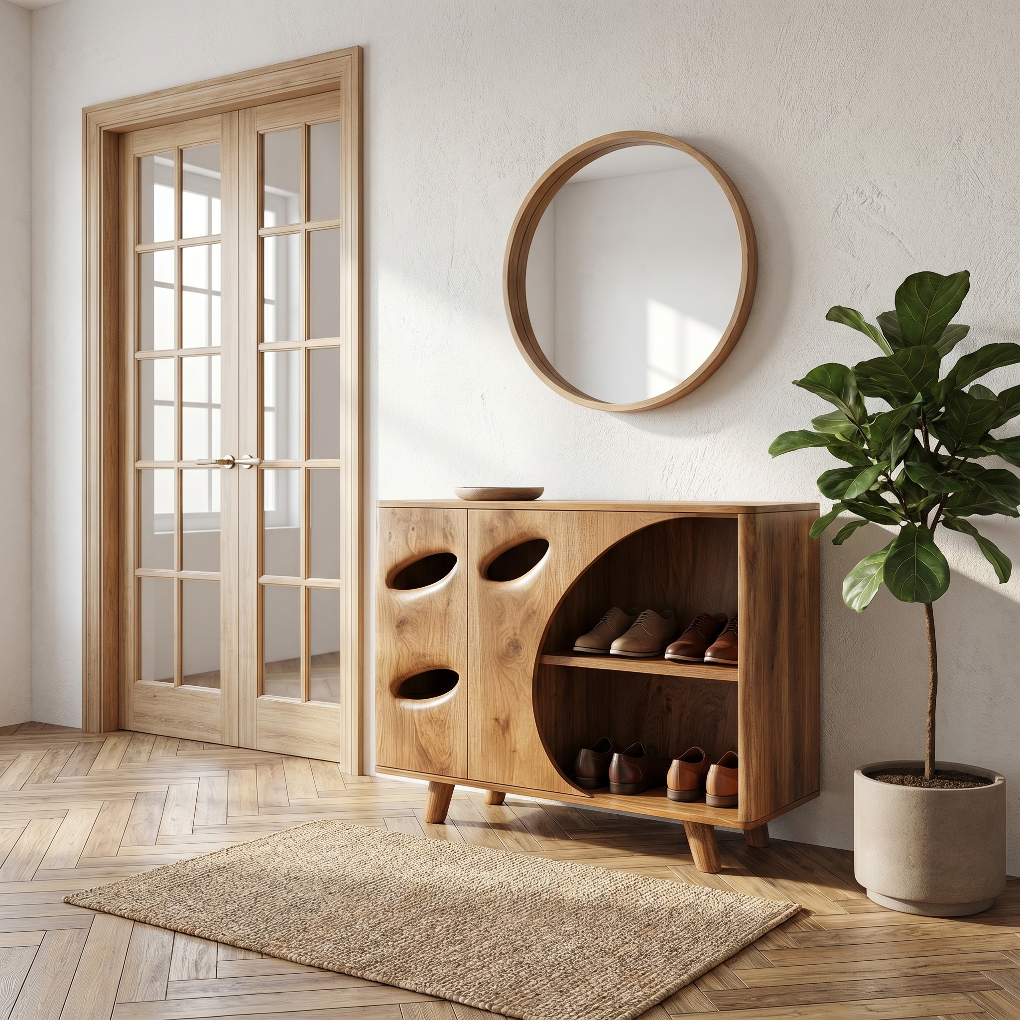 Mid Century Shoe Cabinet Organic Cutout Design For Entryway SINLHASB097