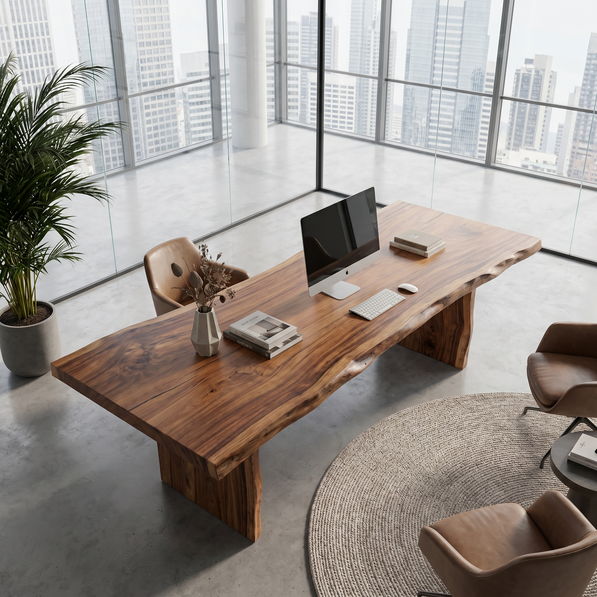 Rustic Live Edge Wooden Desk With Solid Wood Pedestal Base For Home Office SINLHADK119