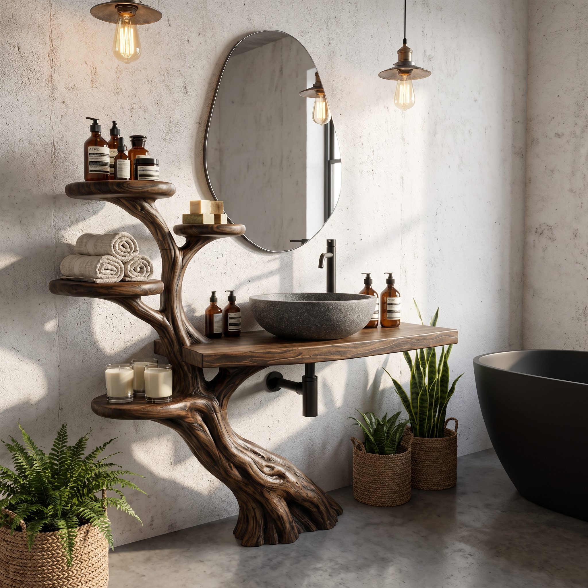 Rustic Bathroom Vanity With Sculptural Wood Structure For Bathroom SINLHABRV321