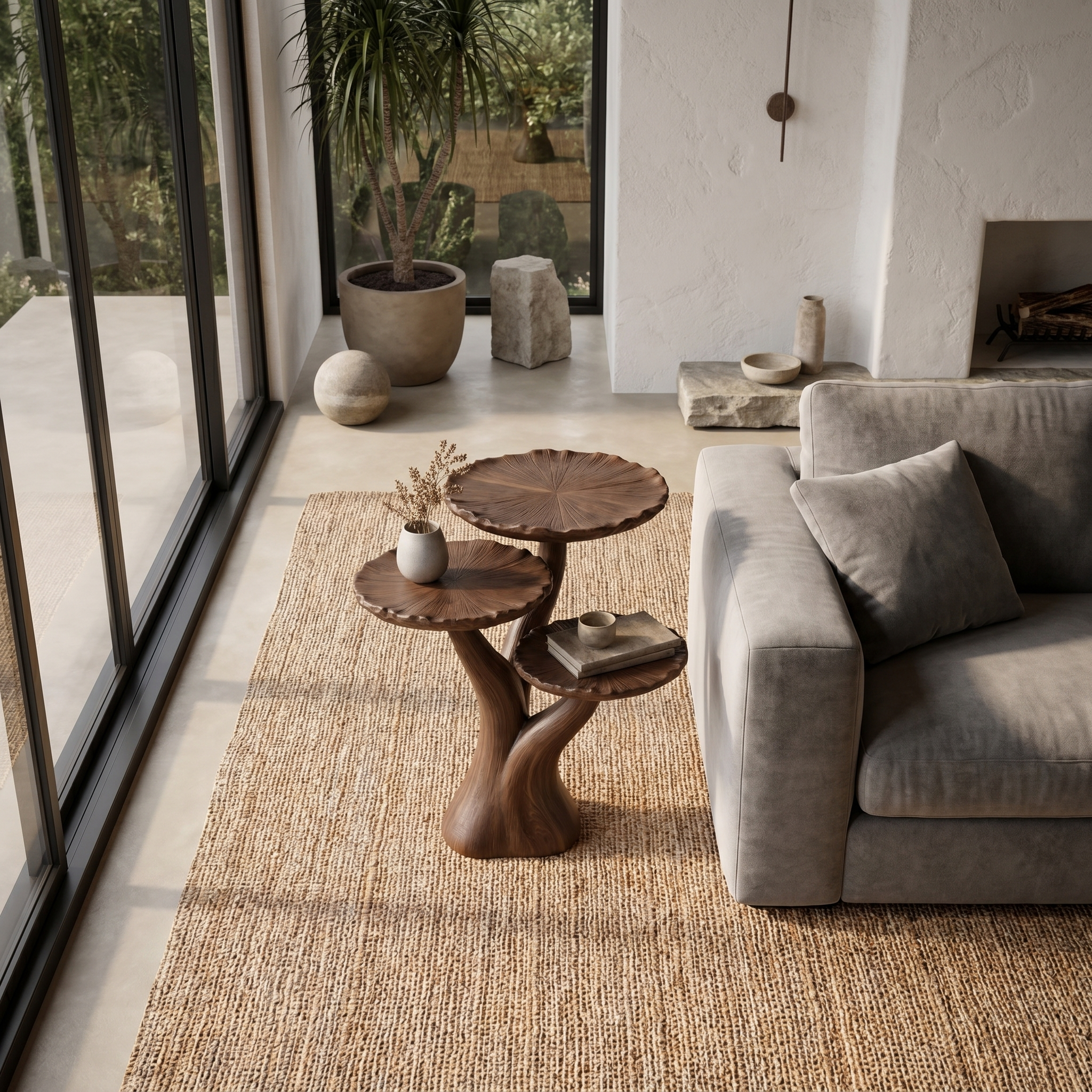 Organic Sculptural Side Table With Multi Tier Solid Wood Shelves For Living Room And Bedroom SINLHABT251