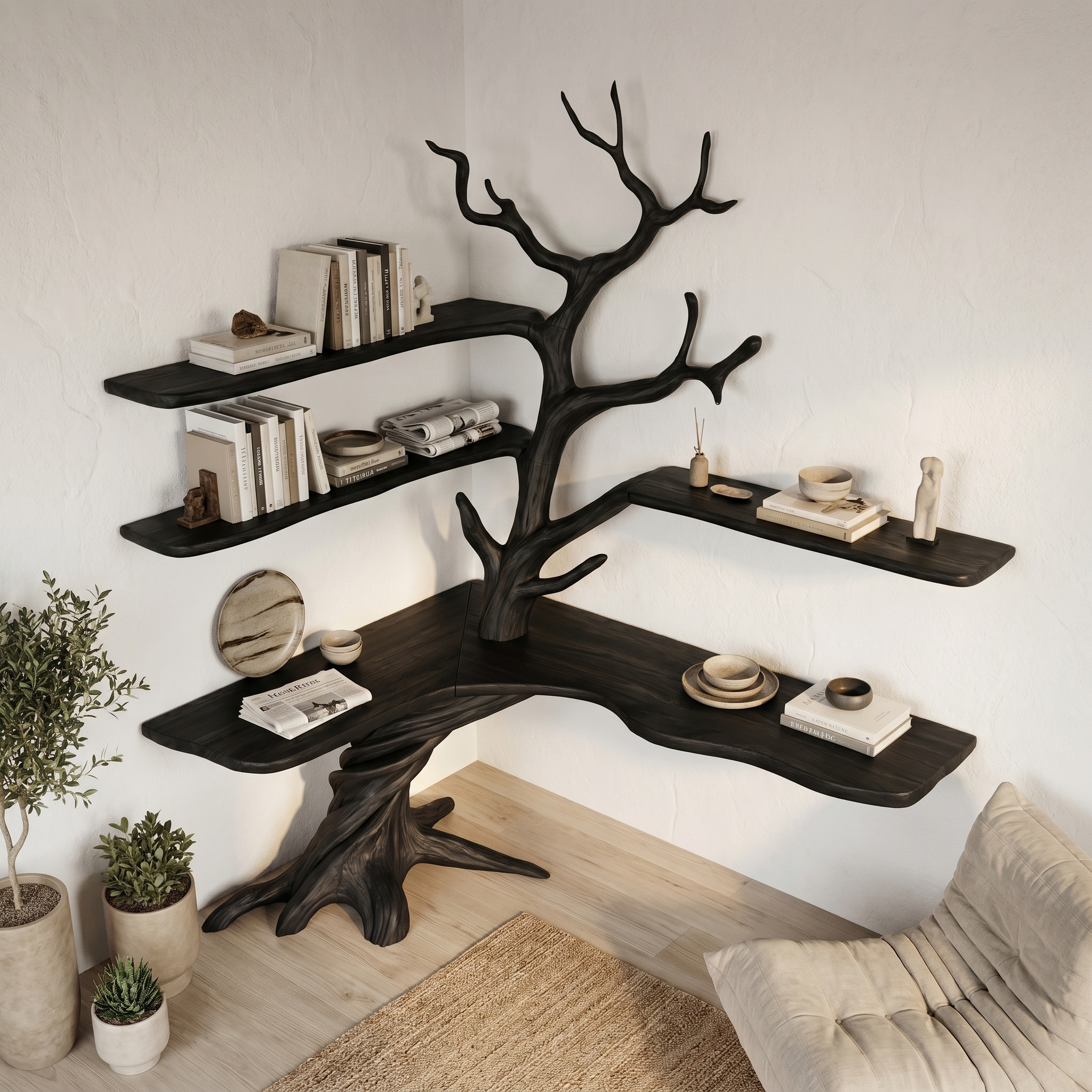 Organic Corner Desk With Sculptural Tree Branch Shelving For Home Office And Workspace SINLHADK130