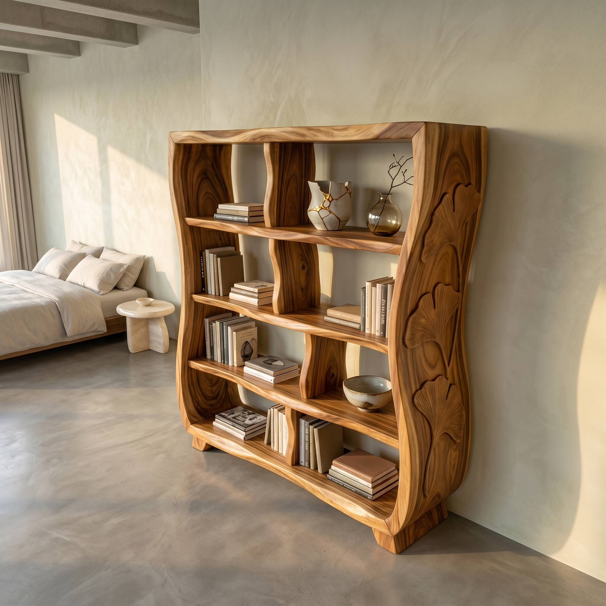 Handcrafted Wooden Bookshelf With Ginkgo Leaf Accents SILDTTRBS029