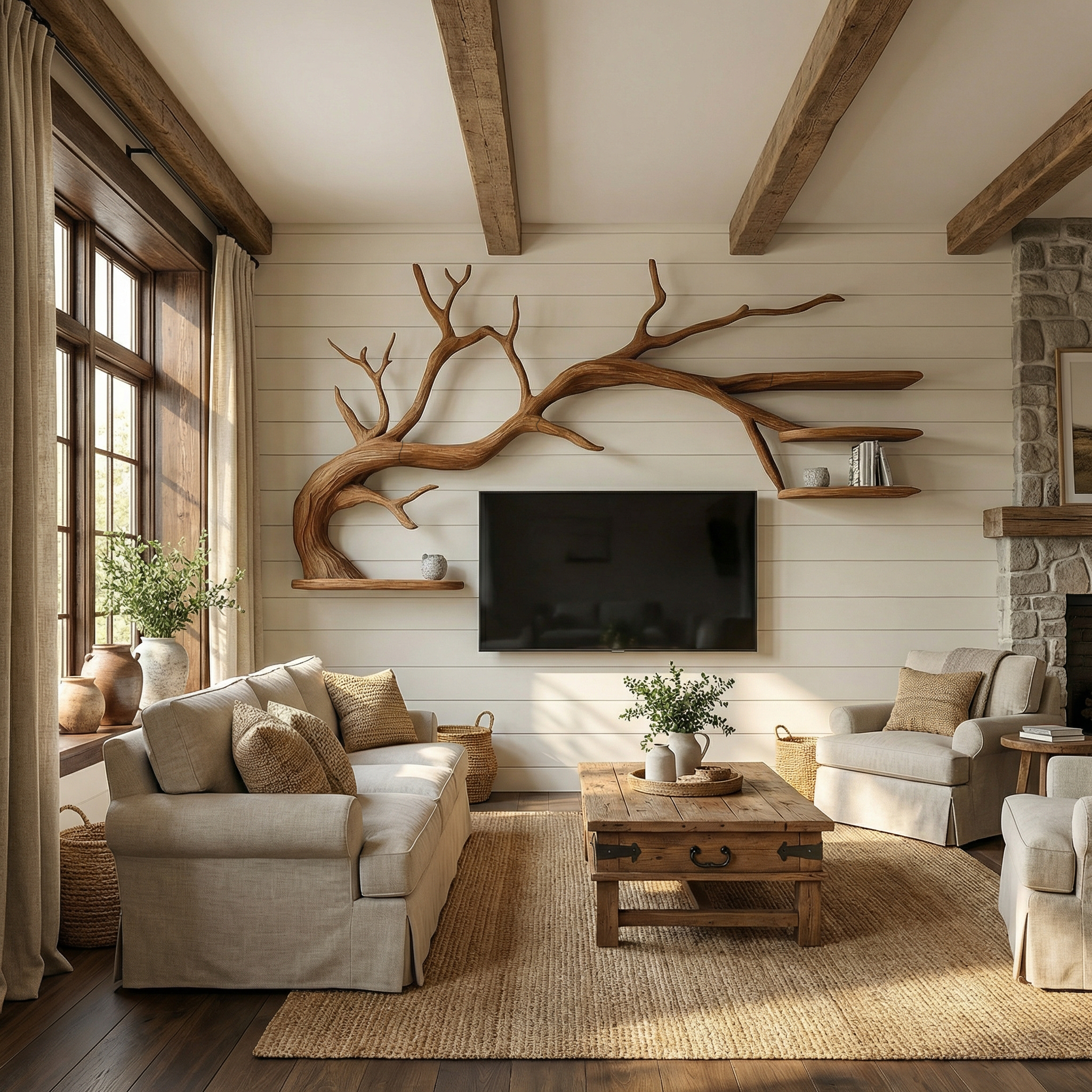 Modern Sculptural Tree TV Wall System For Living Room And Media Area SINLSATB703