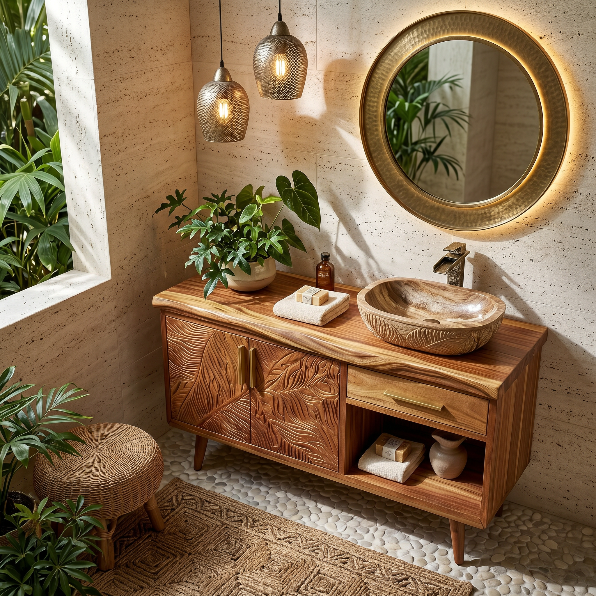 Luxury Wooden Vanity Cabinet With Leaf Carving Spa Bathroom SILDTTRBRV144