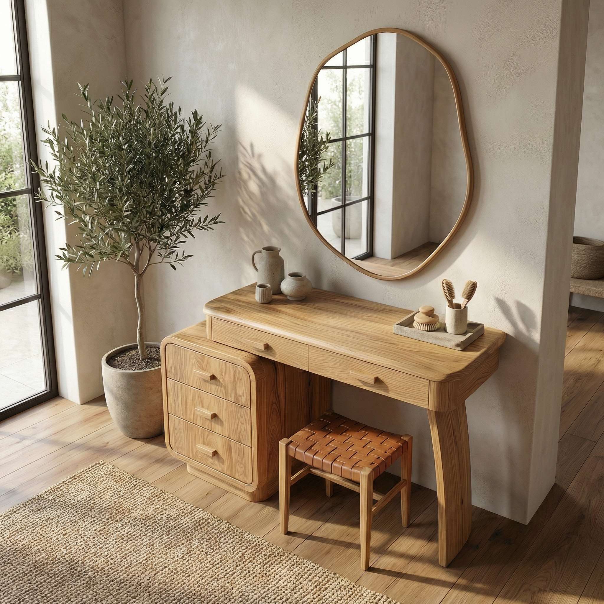 Minimalist Vanity Dressing Table With Storage Cabinet Curved Sculptural Design For Bedroom SINLSABDT054
