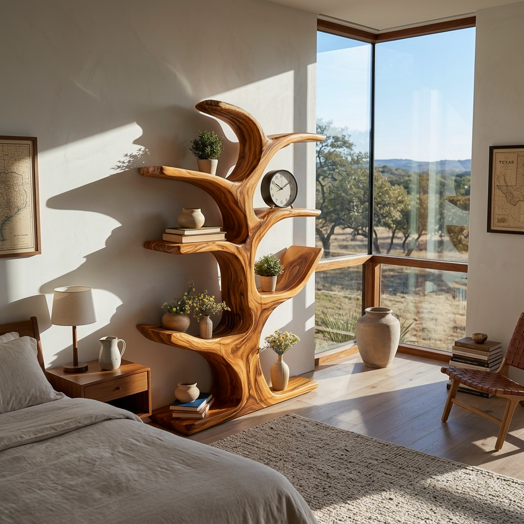 Handmade Wood Bookshelf Sculptural Curved Design For Living Room RTTHTTBS110