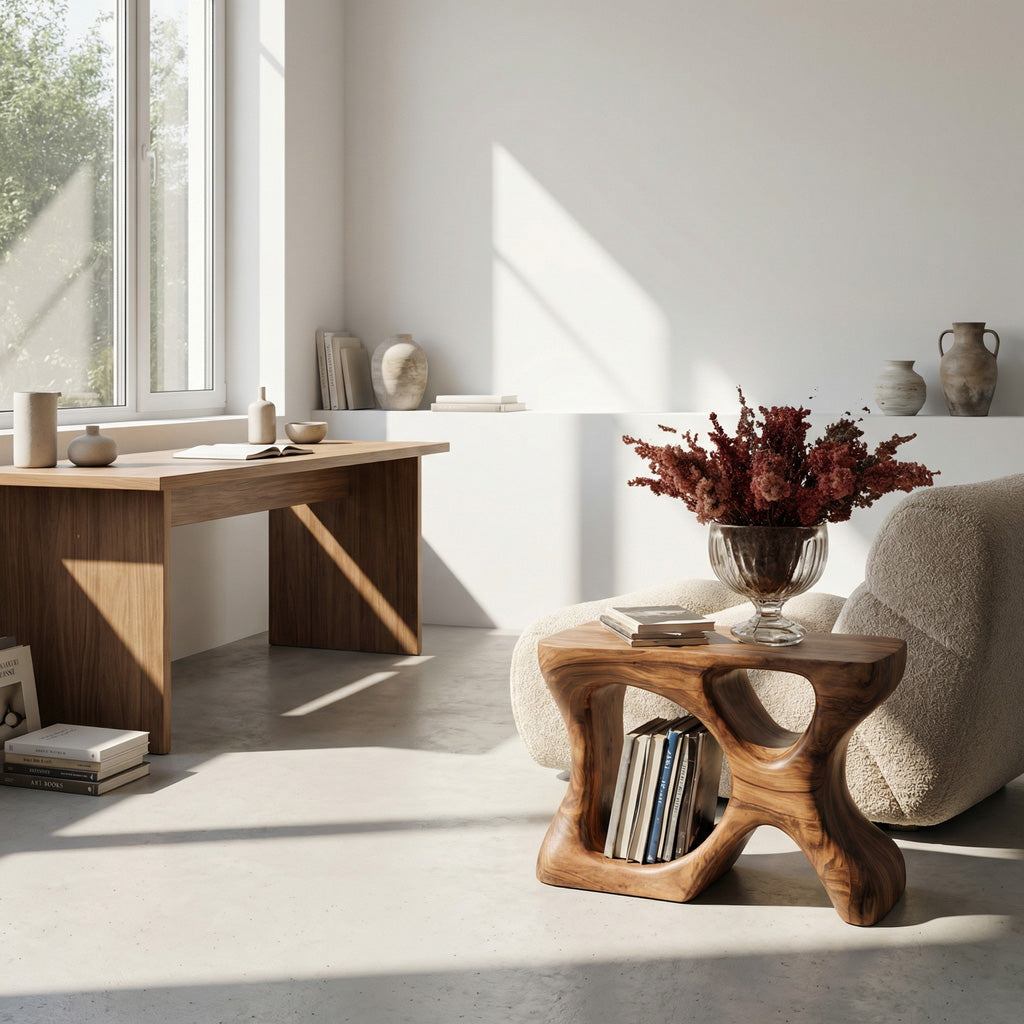 Minimalist Sculptural Wood Side Table With Storage For Living Room RTTHHNSTA017