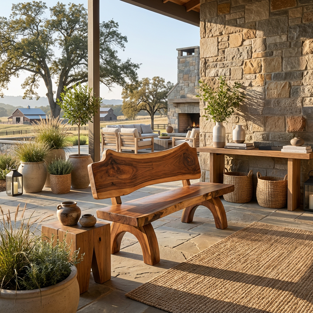 Rustic Live Edge Bench With Backrest For Patio Garden Courtyard SITHTTCHR011