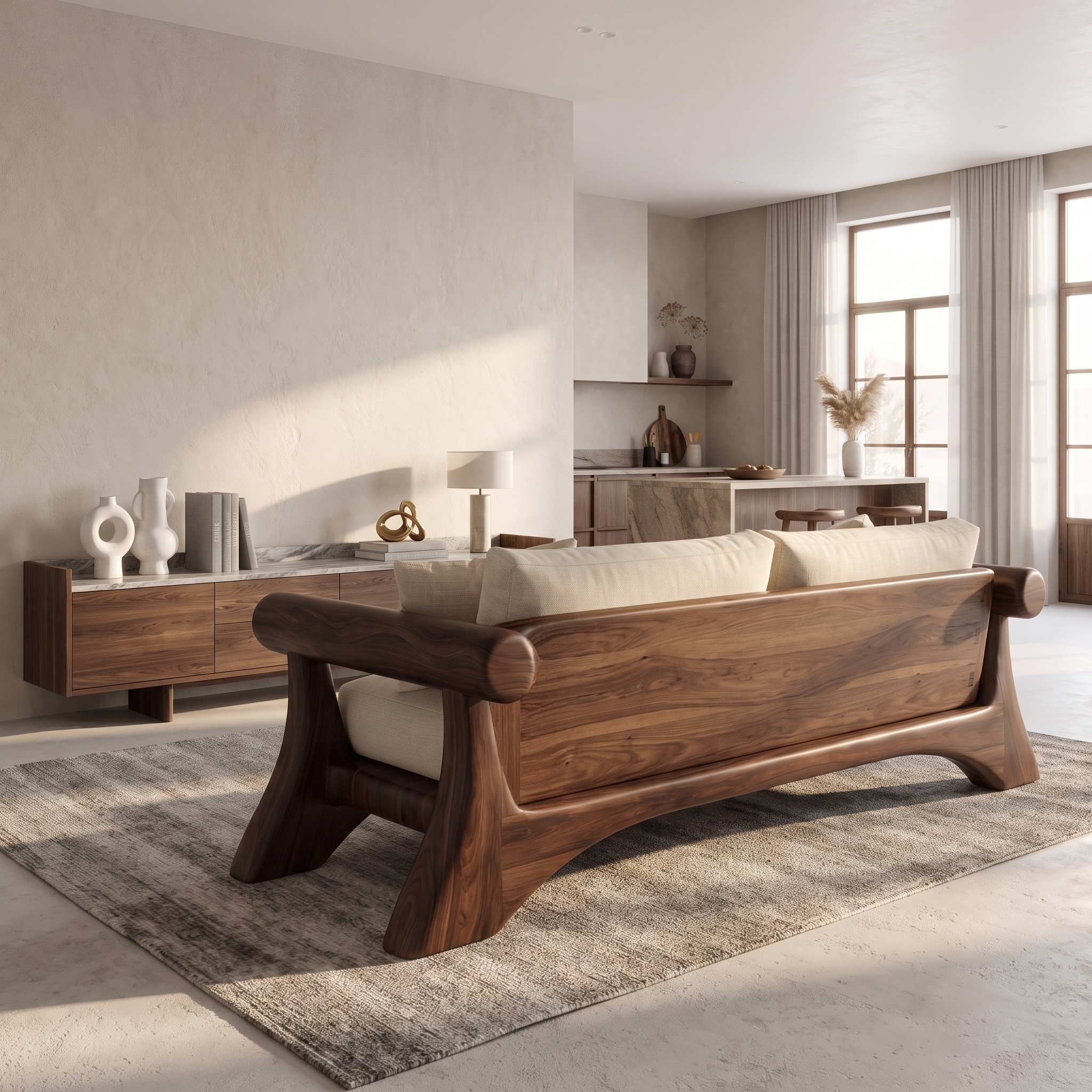Minimalist Sofa Frame With Curved Solid Wood Arms For Living Room SINLSASF047
