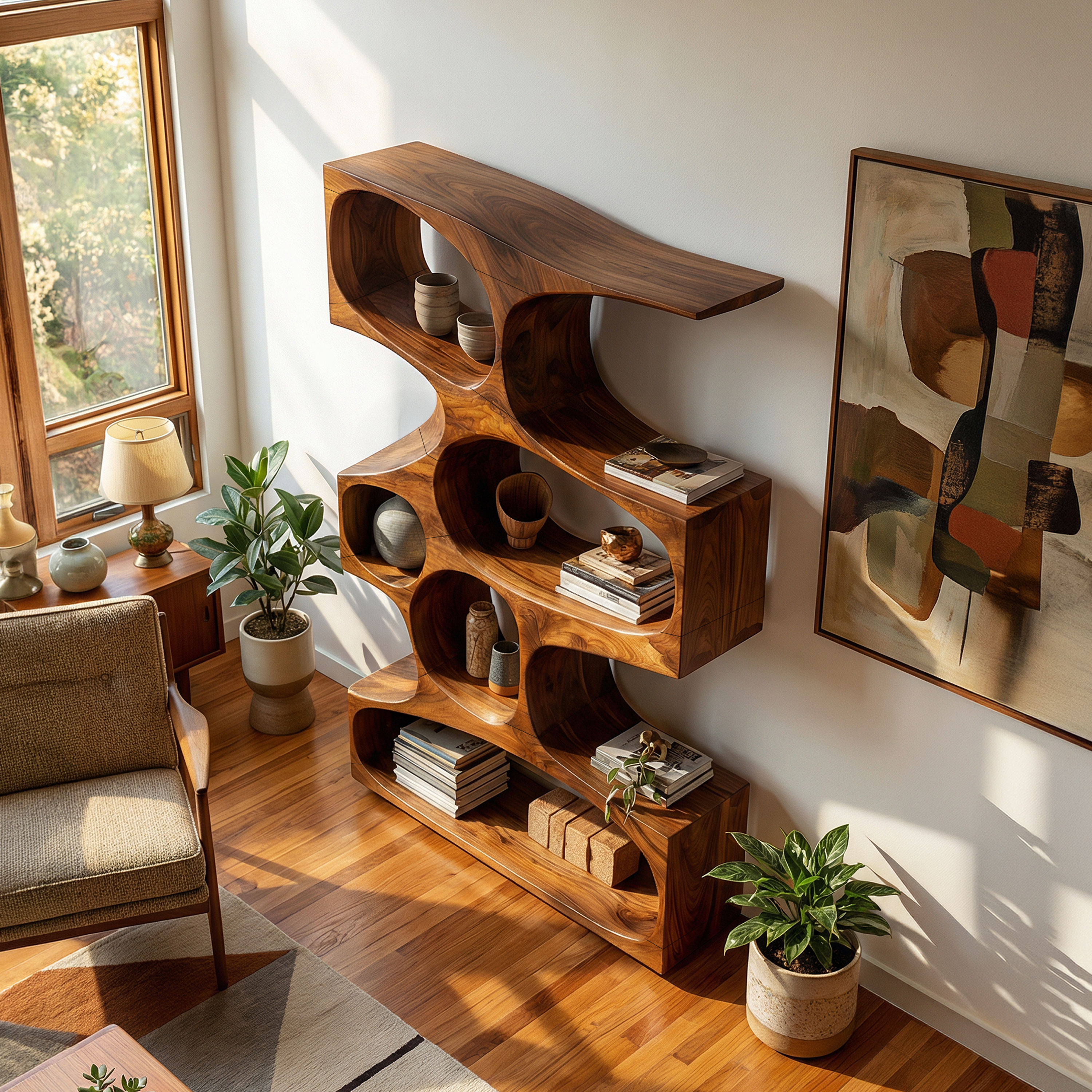 Mid Century Modern Wavy Bookshelf Bedroom Corner Storage SILDTTRBS021