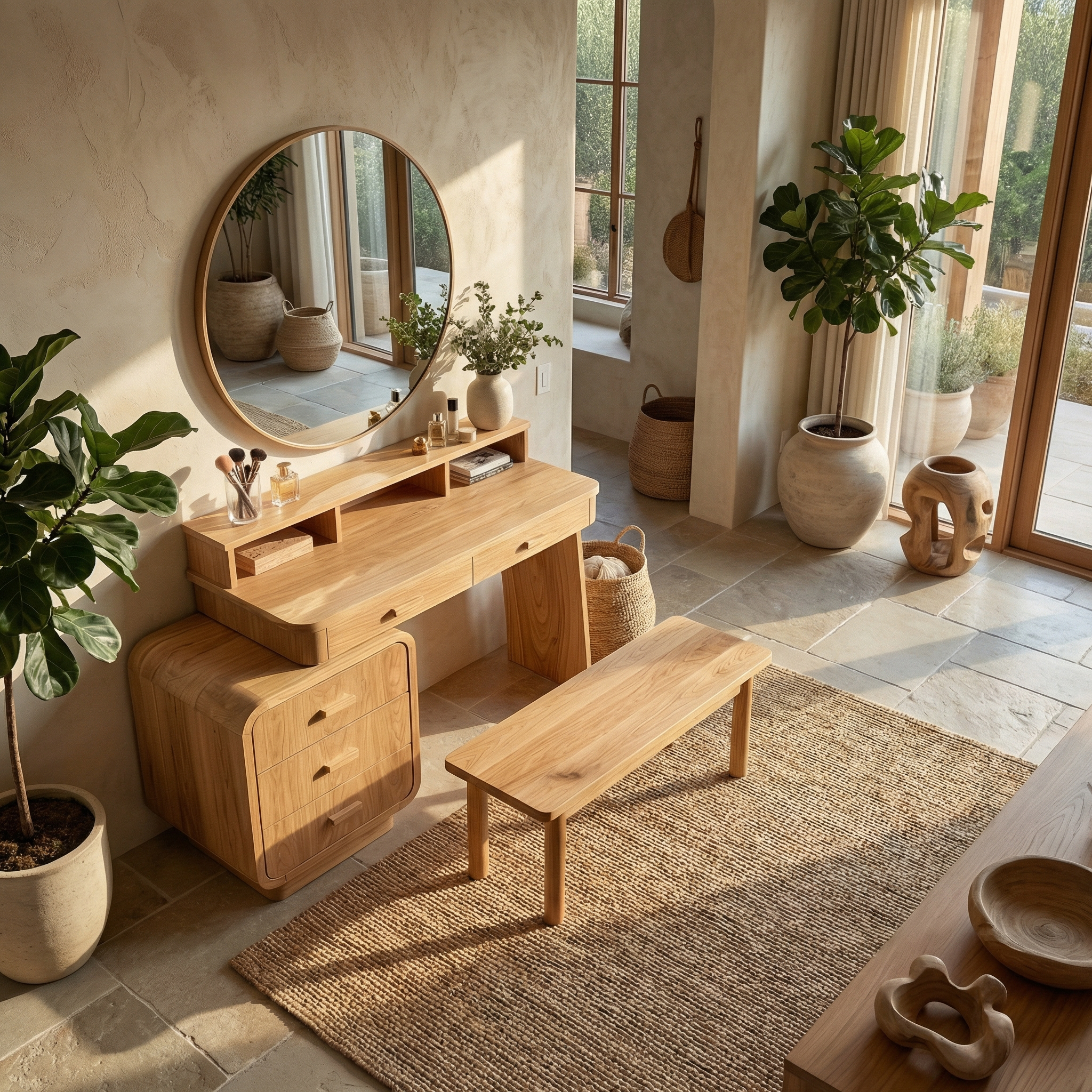 Mid Century Dressing Table With Storage Cabinet Soft Rounded Design For Bedroom SINLSABDT055