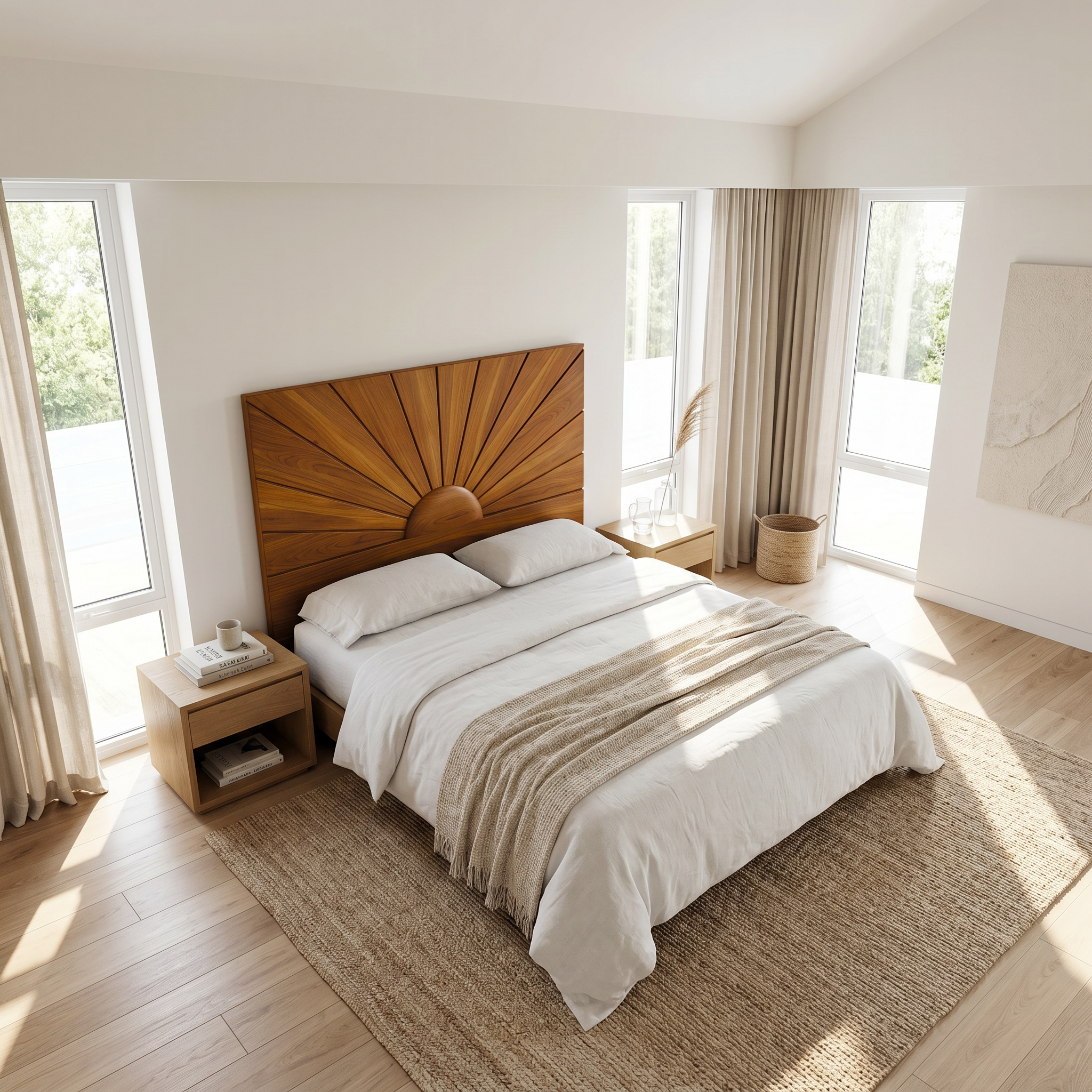 Organic Sunburst Headboard Solid Wood Bed Headboard For Bedroom SINLSAHB036