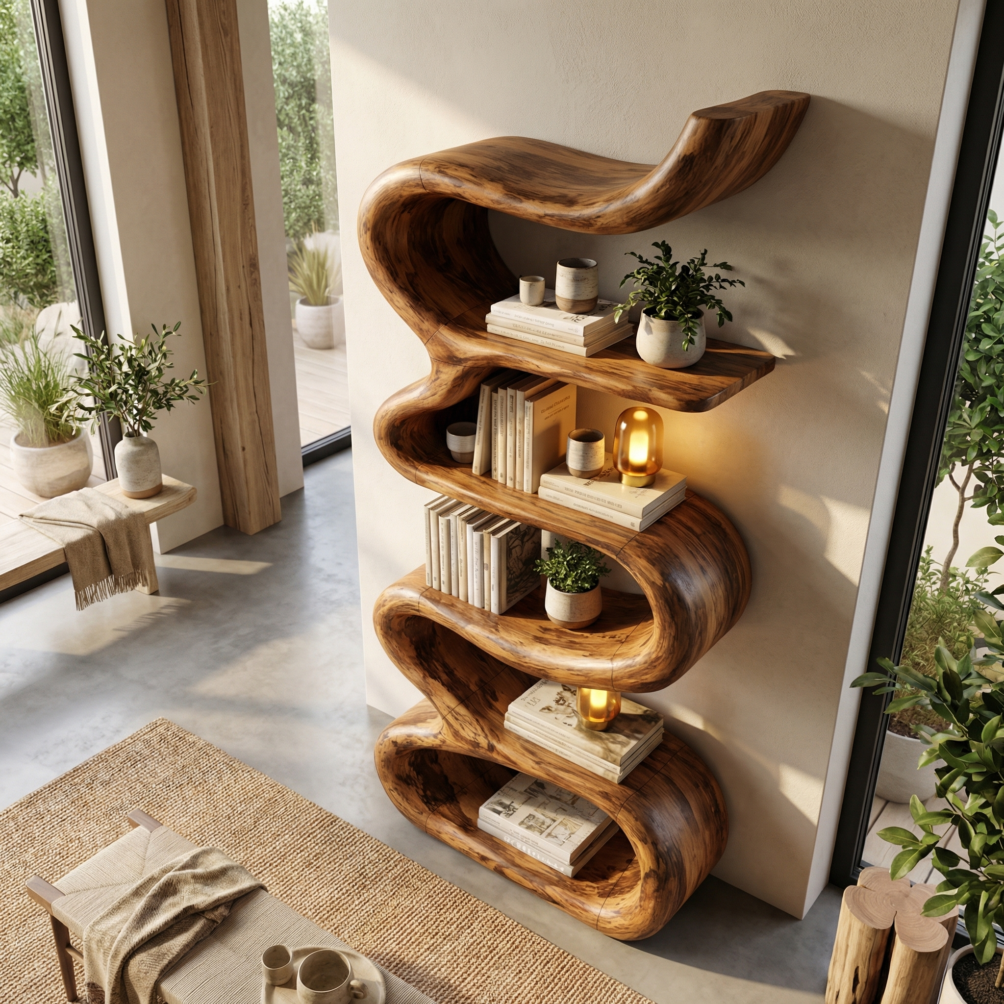 Contemporary Wave Bookshelf Solid Wood Artistic Curved Form Living Room SINLHATB711