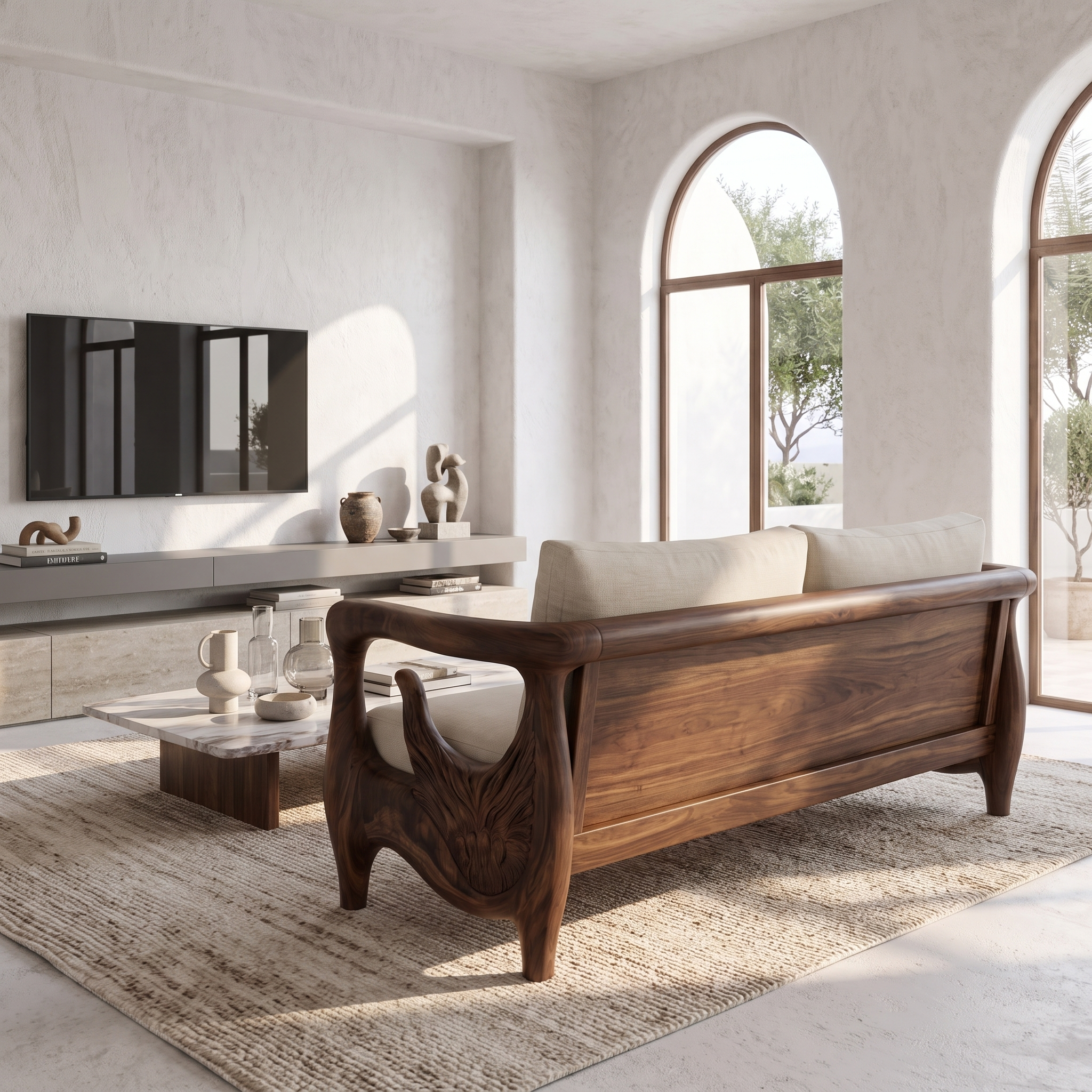 Nature Inspired Sofa Frame With Handcrafted Wheel Armrests For Living Room SINLSASF051