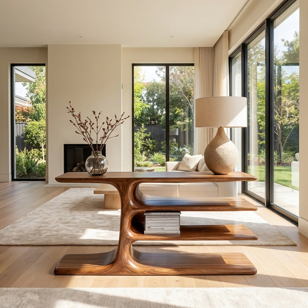 Organic Wooden Console Table With Layered Shelving For Hallway RTTHHNCS033