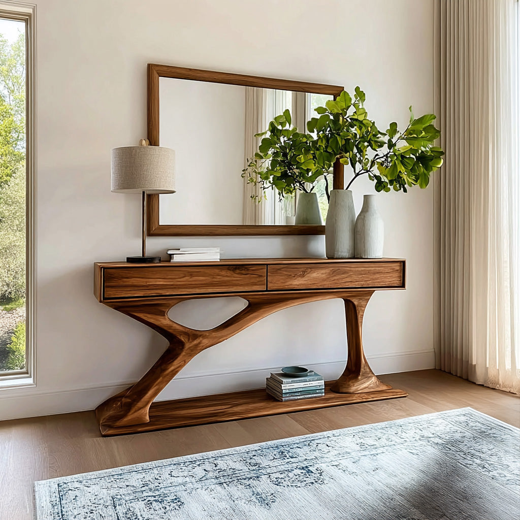 Contemporary Wooden Console Table With Sculptural Base For Living Room RTTHHNCS042