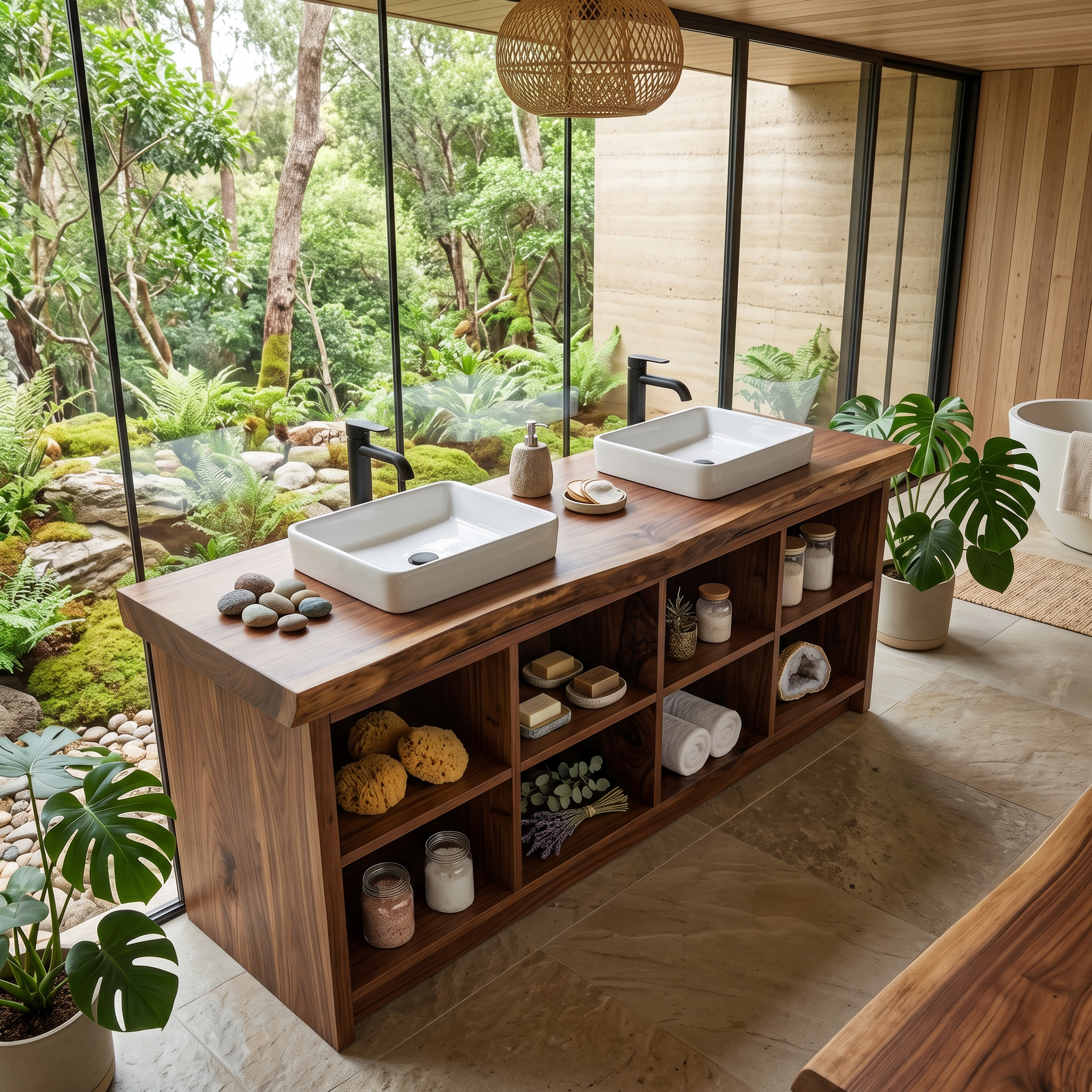 Double Sink Wood Bathroom Vanity With Open Shelves Spa SILDTTRBRV146