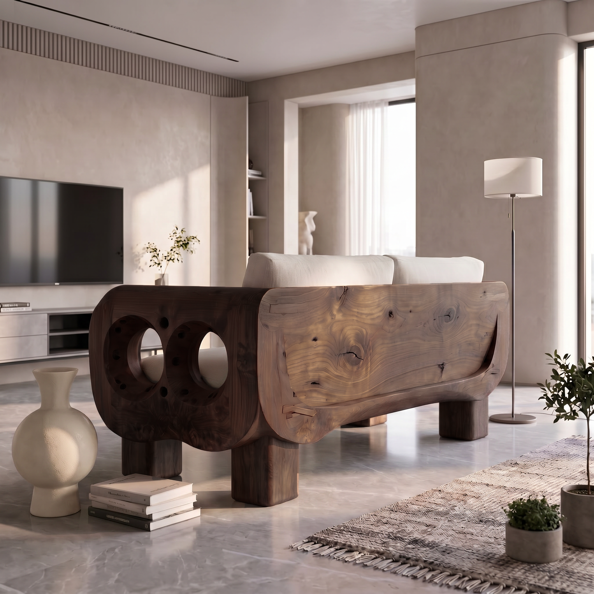 Rustic Sofa Frame With Handcrafted Sculptural Wood Design For Living Room SINLSASF039