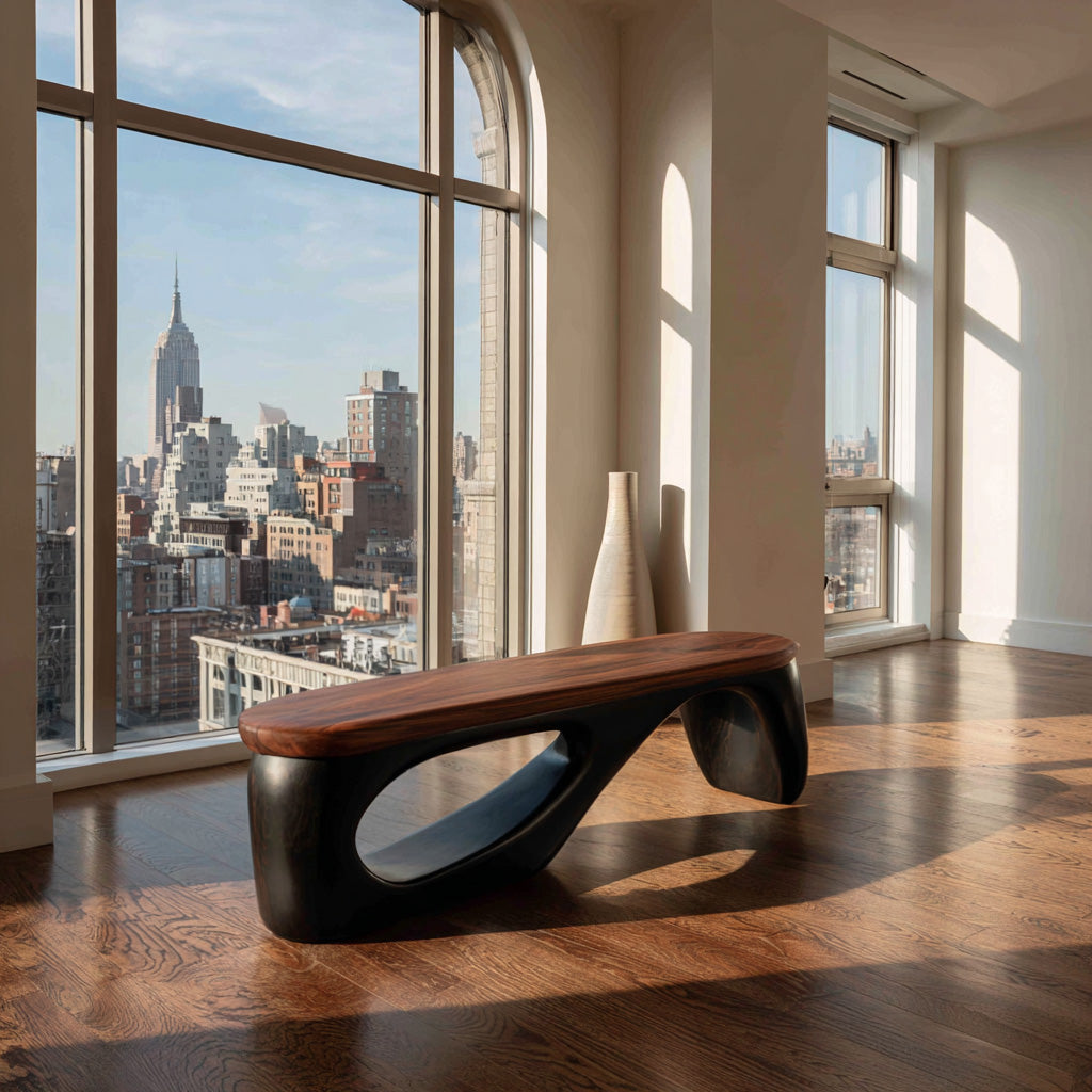 Organic Wooden Bench With Curved Black Base For Home RTTHHNCHR157