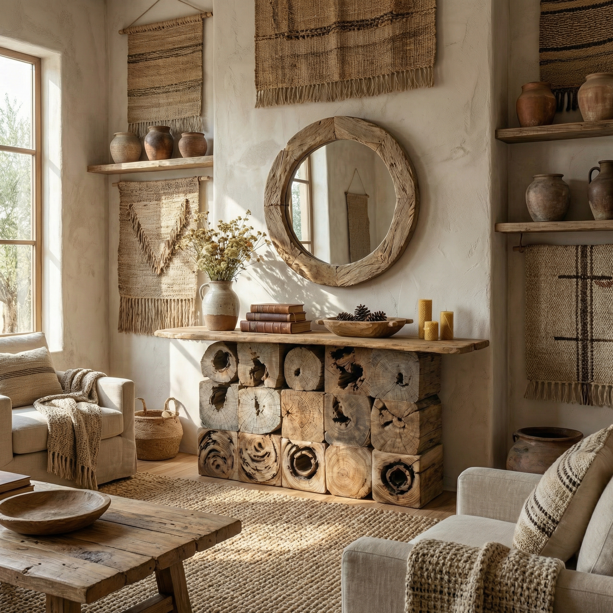 Rustic Natural Wood Log Console Table Solid Wood Entryway Living Room SINLCS520